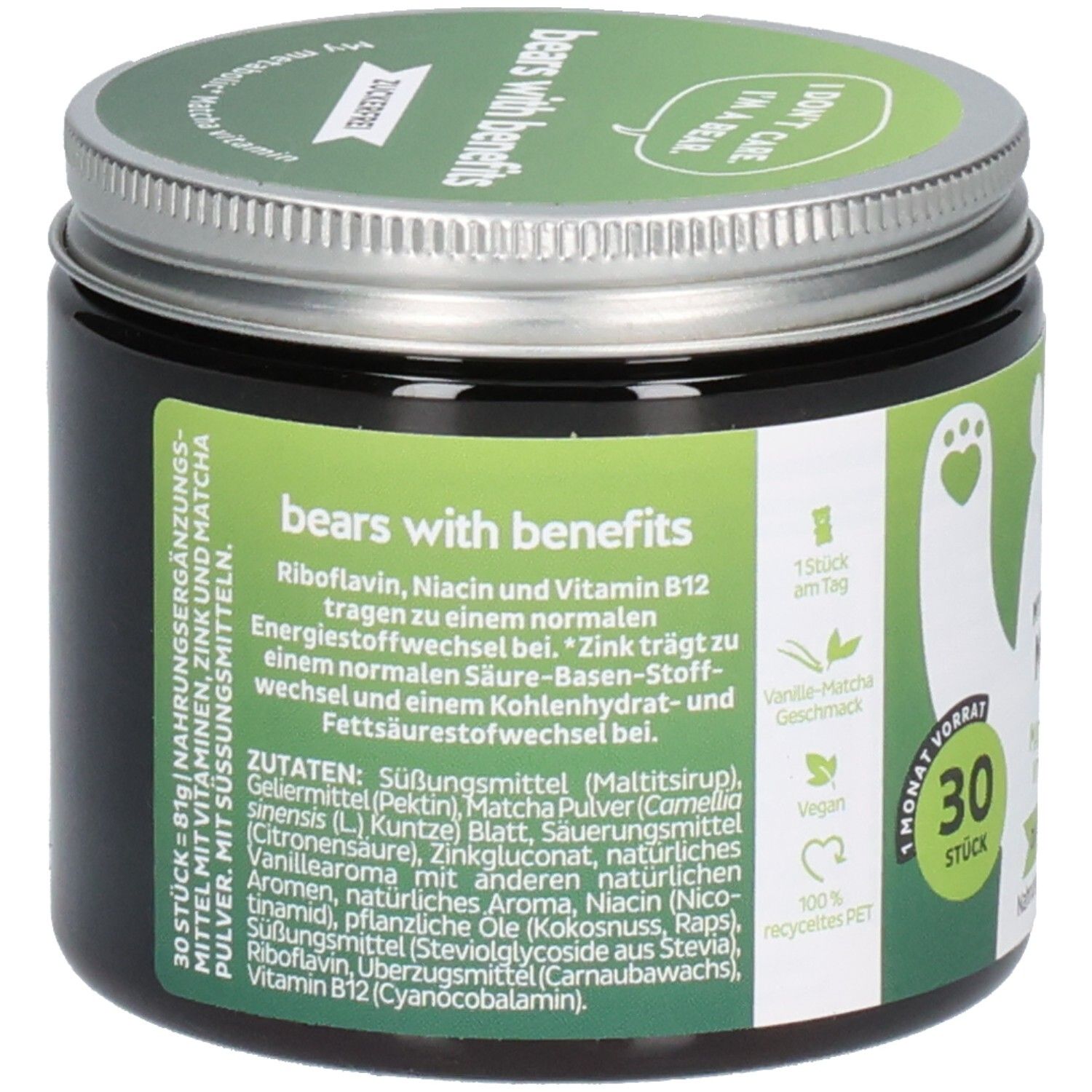 Dose mit grünem Deckel. Aufschrift: bears with benefits. Zutatenliste, 30 Stück. Vegan, 100% recyceltes PET. Vanille Matcha Geschmack.
