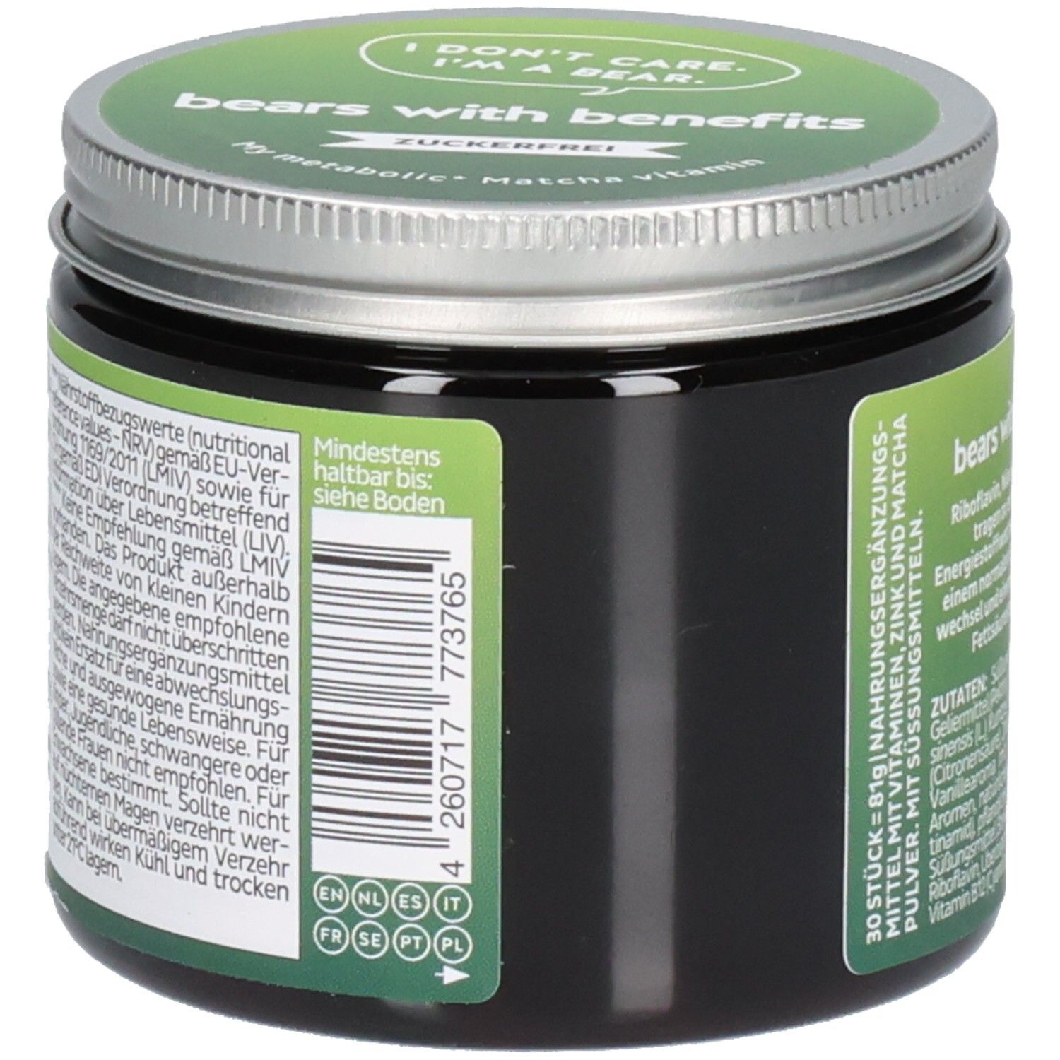 Dose mit grünem Deckel. Aufschrift: bears with benefits. Rückseite mit Text und Barcode. Enthaltene Sprachen: DE, EN, NL, ES, IT, FR, SE, PL.