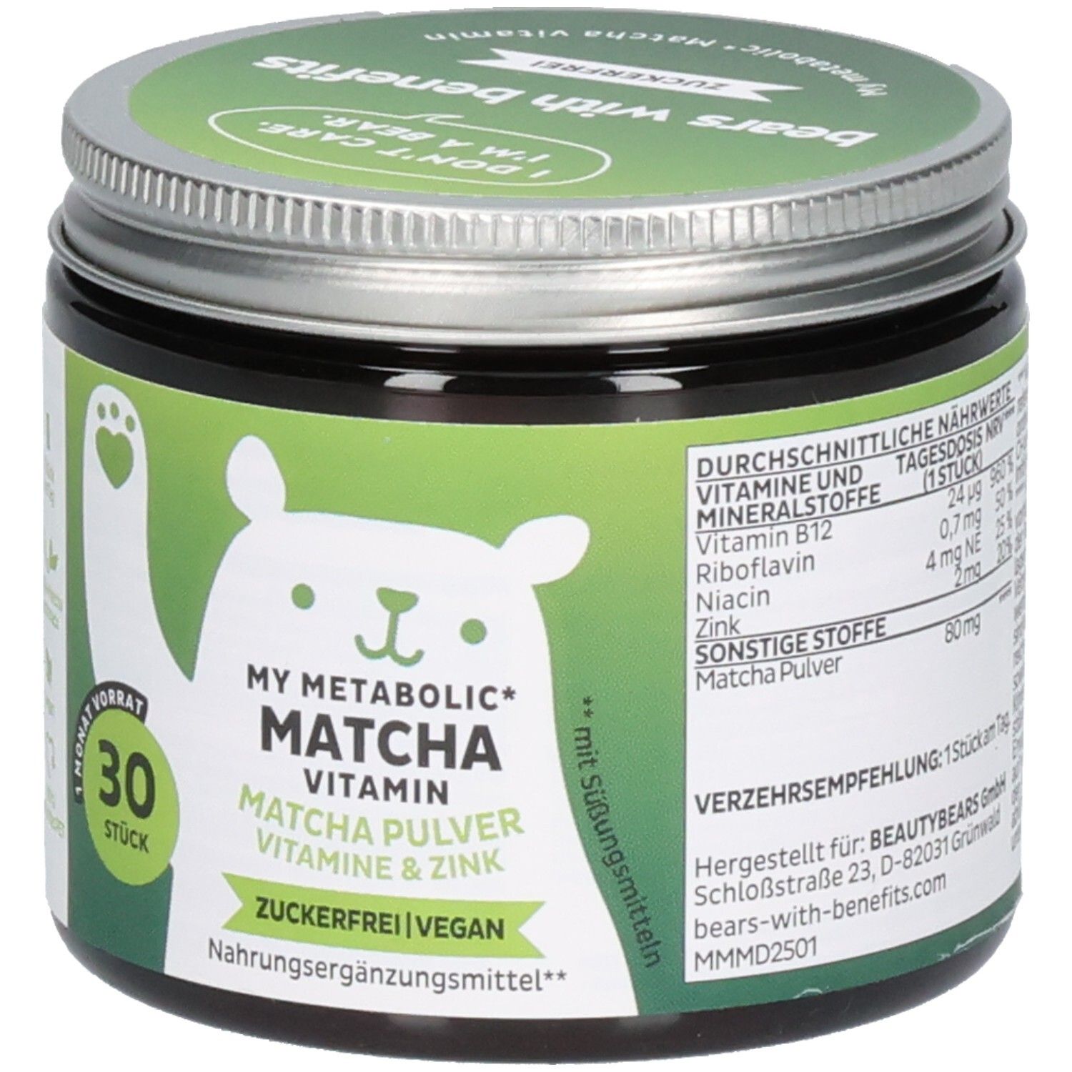 Dose mit grünem Deckel. Aufschrift: My Metabolic Matcha Vitamin, Matcha Pulver, Vitamine & Zink. 30 Stück. Nährwertangaben und Verzehrempfehlung.
