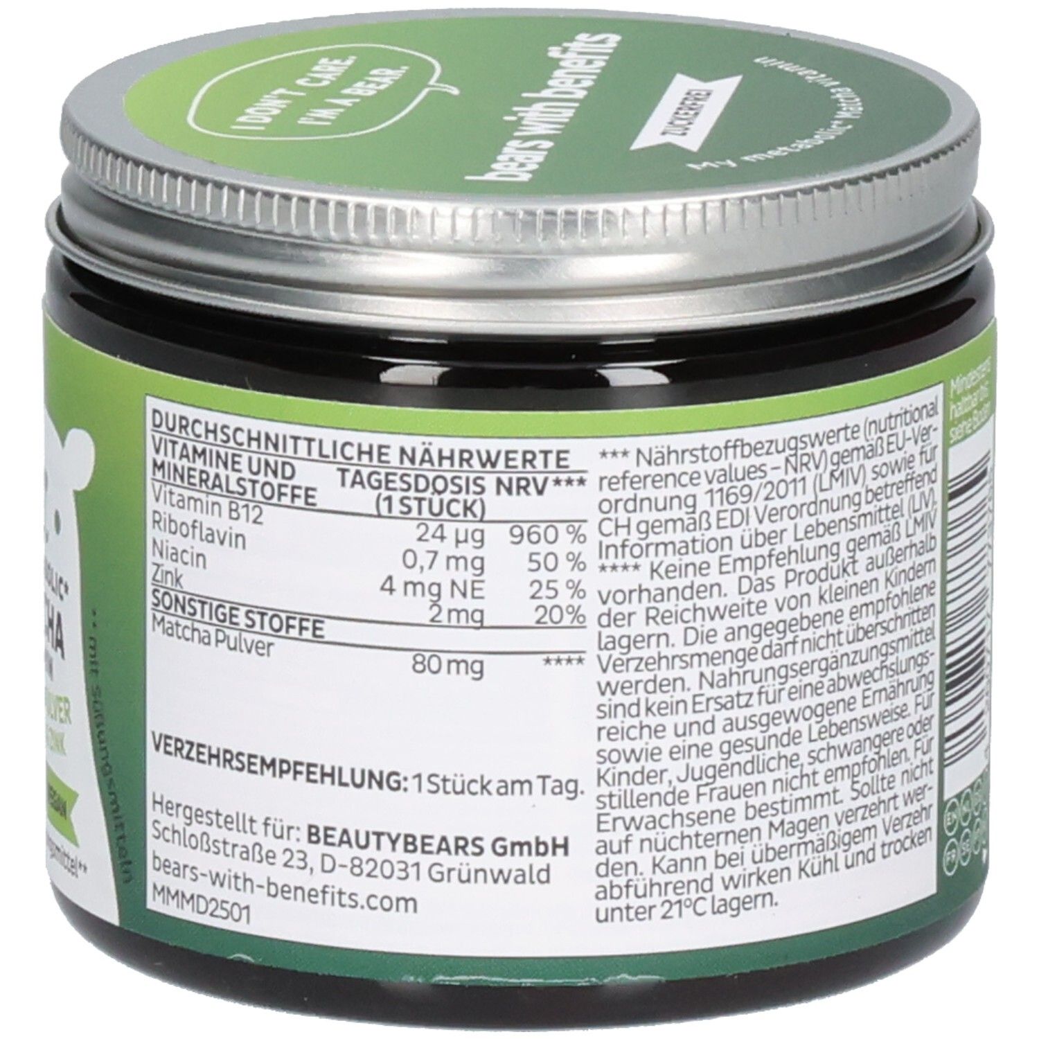 Dose mit grünem Deckel. Aufschrift: My Metabolic Matcha Vitamin, Matcha Pulver, Vitamine & Zink. Nährwertangaben und Verzehrempfehlung. Herstellerinfo.