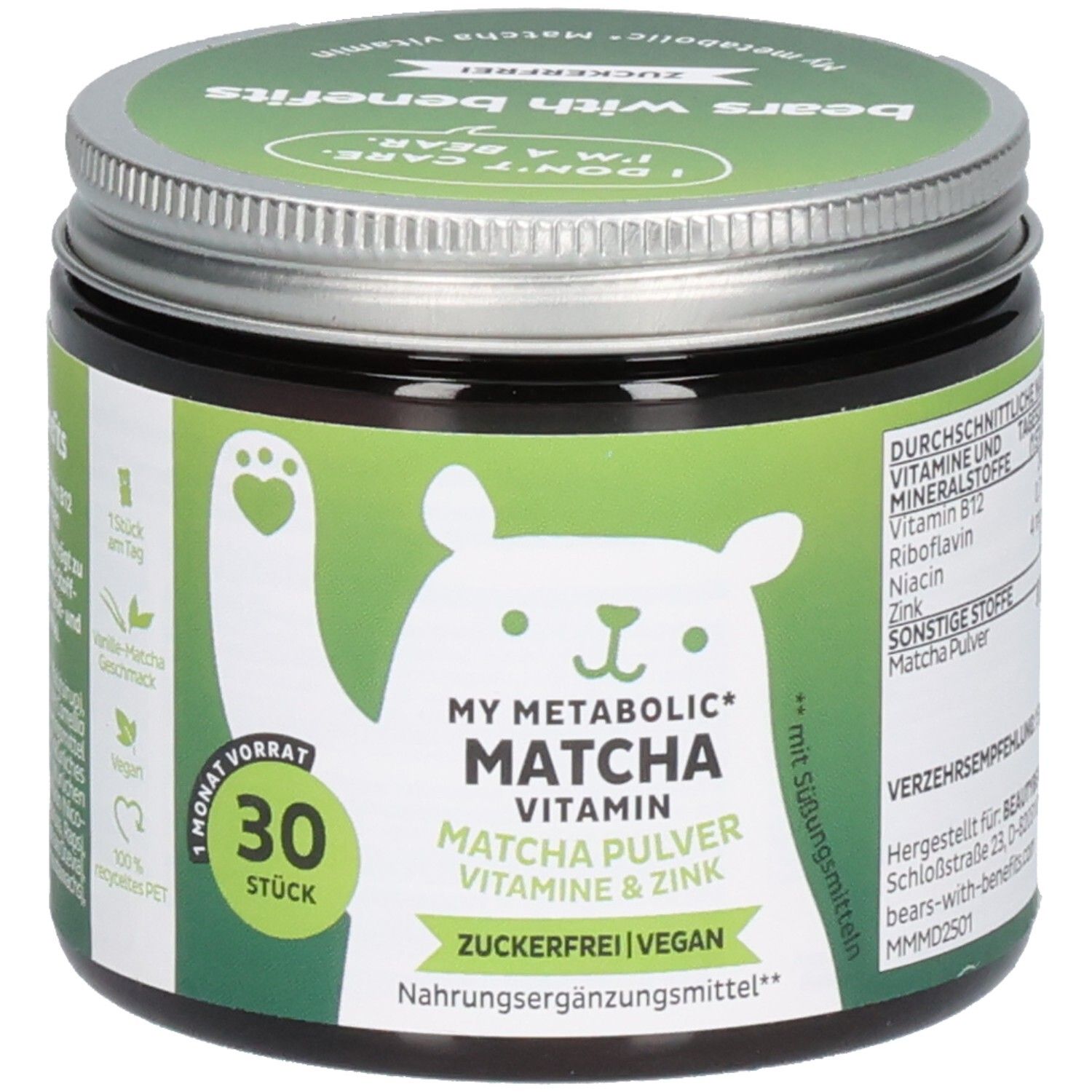 Dose mit grünem Deckel. Aufschrift: My Metabolic Matcha Vitamin, Matcha Pulver, Vitamine & Zink. 30 Stück. Zuckerfrei, vegan.