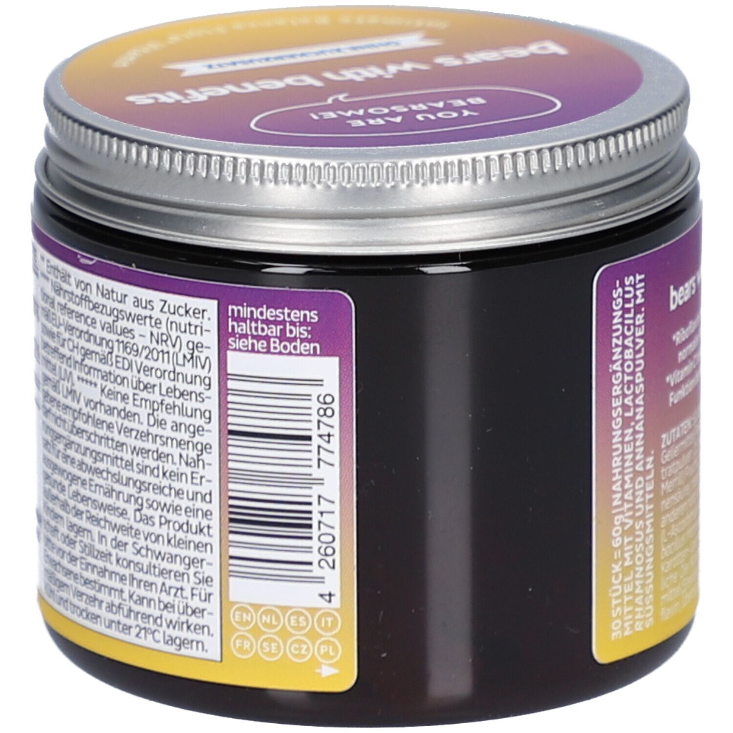 Dose mit Deckel. Rückseite mit Text und Barcode. Mindestens haltbar bis. Herstellerinformationen.