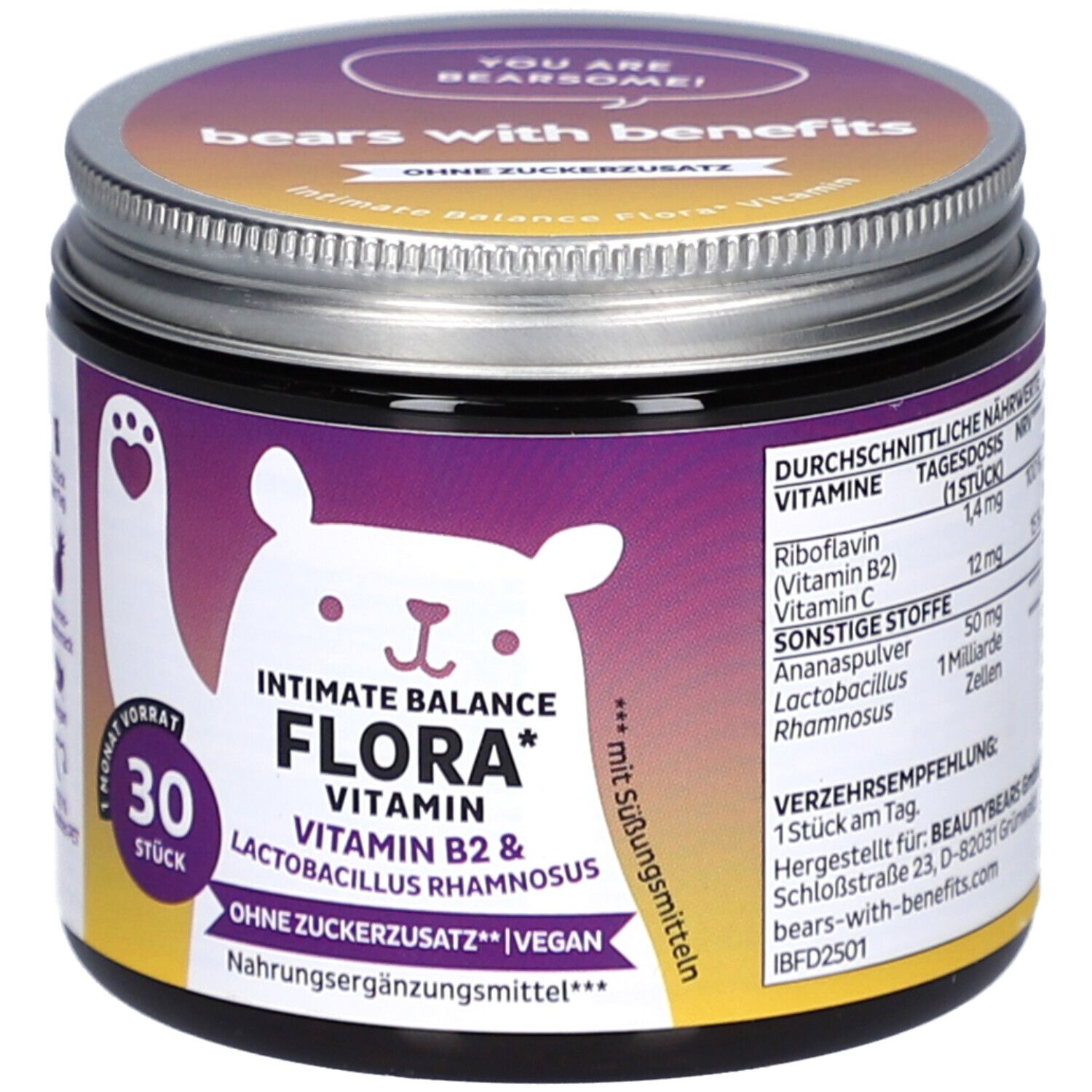 Dose mit Deckel. Aufschrift: Intimate Balance Flora Vitamin B2 & Lactobacillus rhamnosus. 30 Stück. Ohne Zuckerzusatz. Vegan.