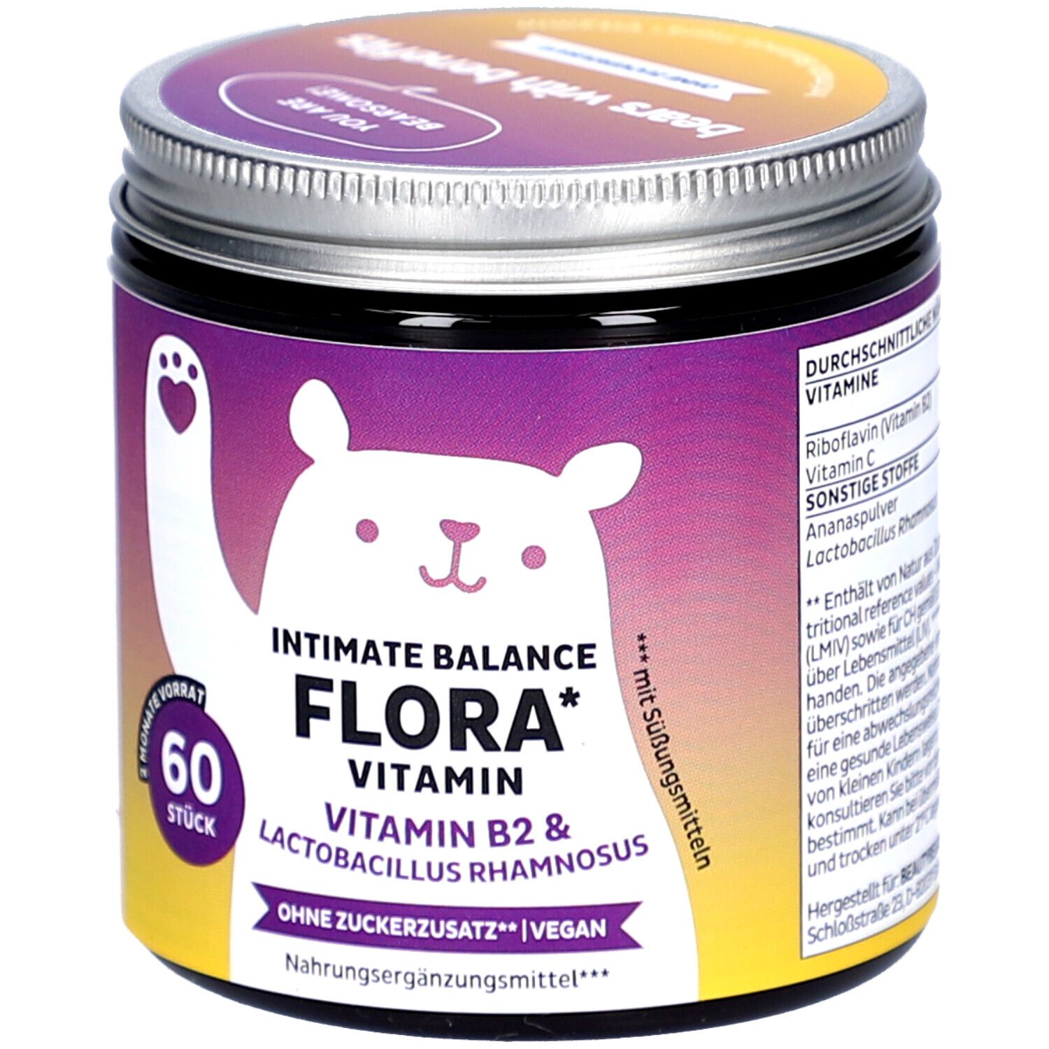Dose mit Produktetikett. Aufschrift: Intimate Balance Flora Vitamin, 60 Stück. Bär-Illustration.