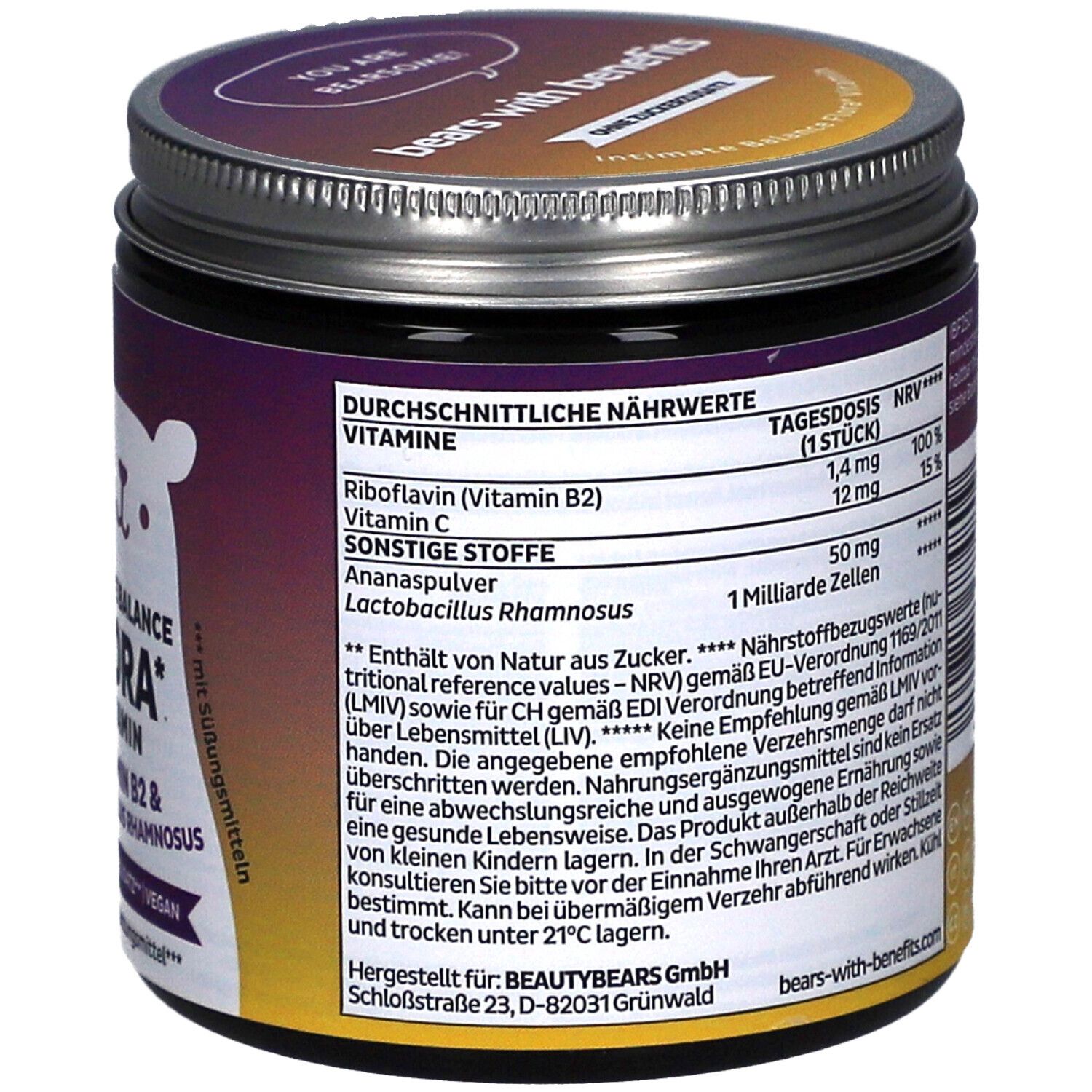 Rückseite der Dose. Nährwertangaben, Herstellerinformationen. Aufschrift: Intimate Balance Flora Vitamin.