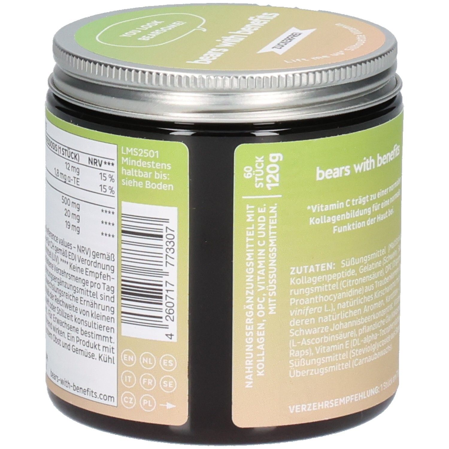Rückseite der Dose. Nährwertangaben, Zutatenliste, 120g. Text: "Nahrungsergänzungsmittel mit Kollagen, OPC, Vitamin C und E".