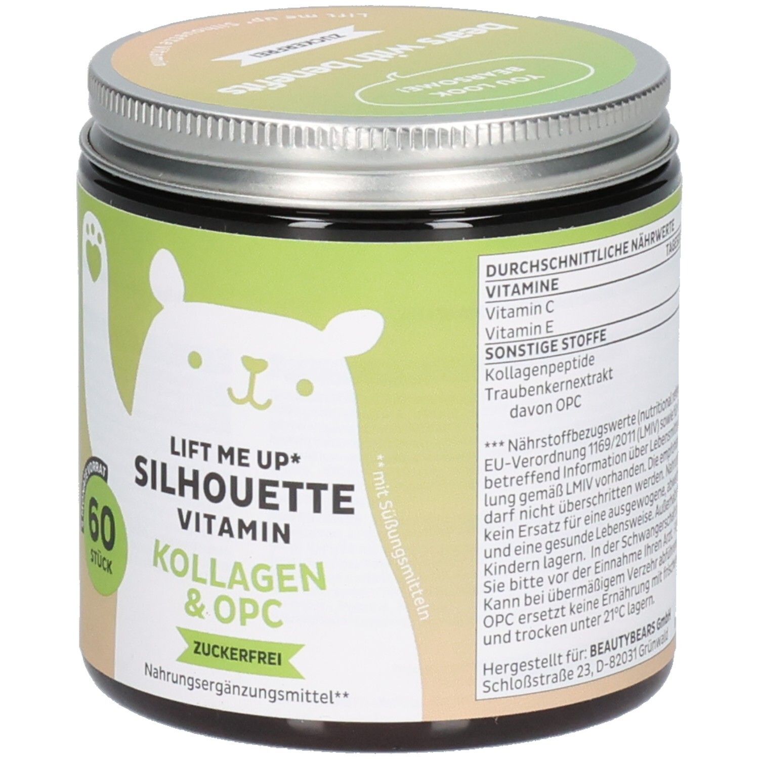 Dose mit "Lift Me Up Silhouette Vitamin". 60 Stück. Grün-weißes Etikett mit Bär-Illustration. Deckel silberfarben. Text: "Zuckerfrei".