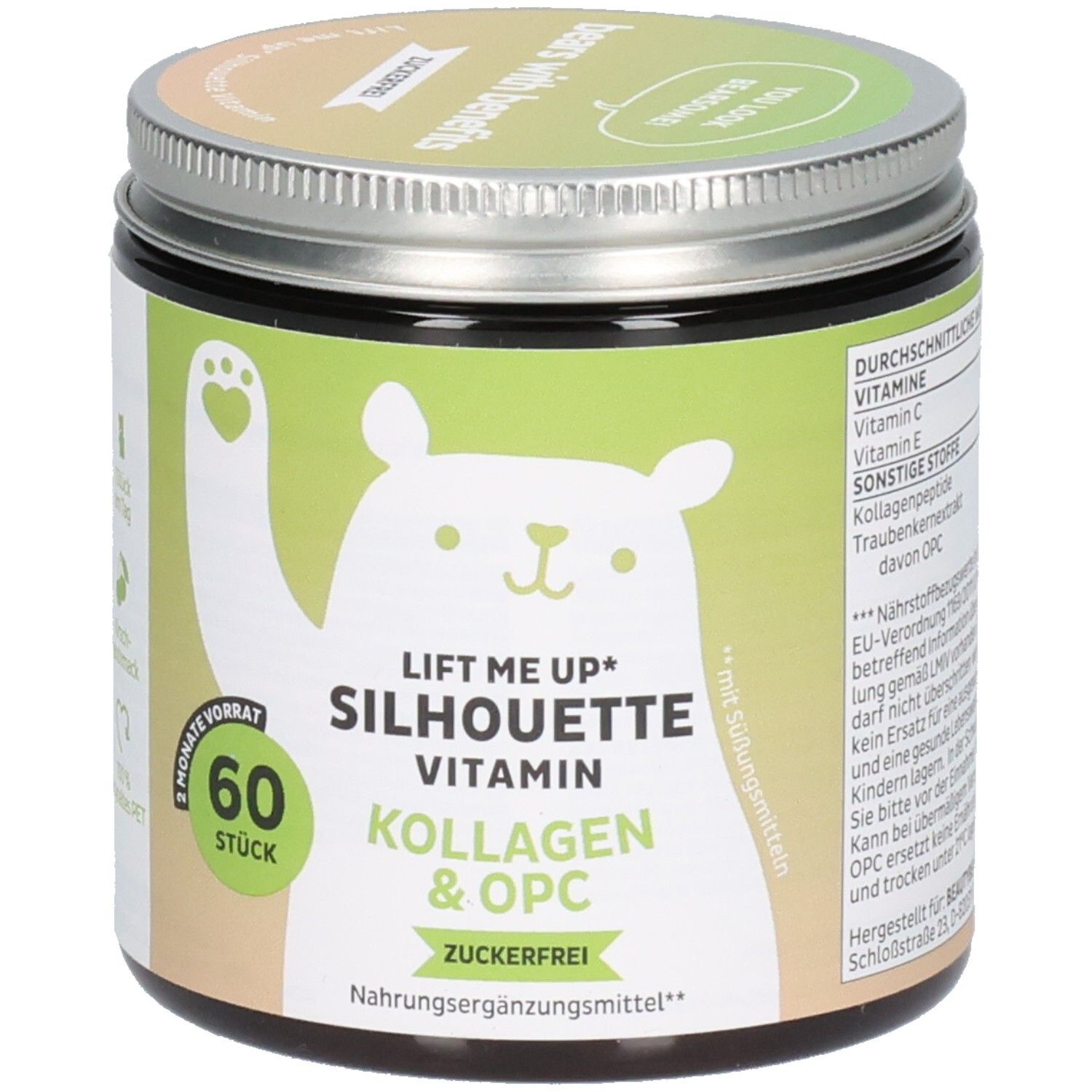 Dose mit "Lift Me Up Silhouette Vitamin". 60 Stück. Grün-weißes Etikett mit Bär-Illustration. Deckel silberfarben. Text: "Zuckerfrei".