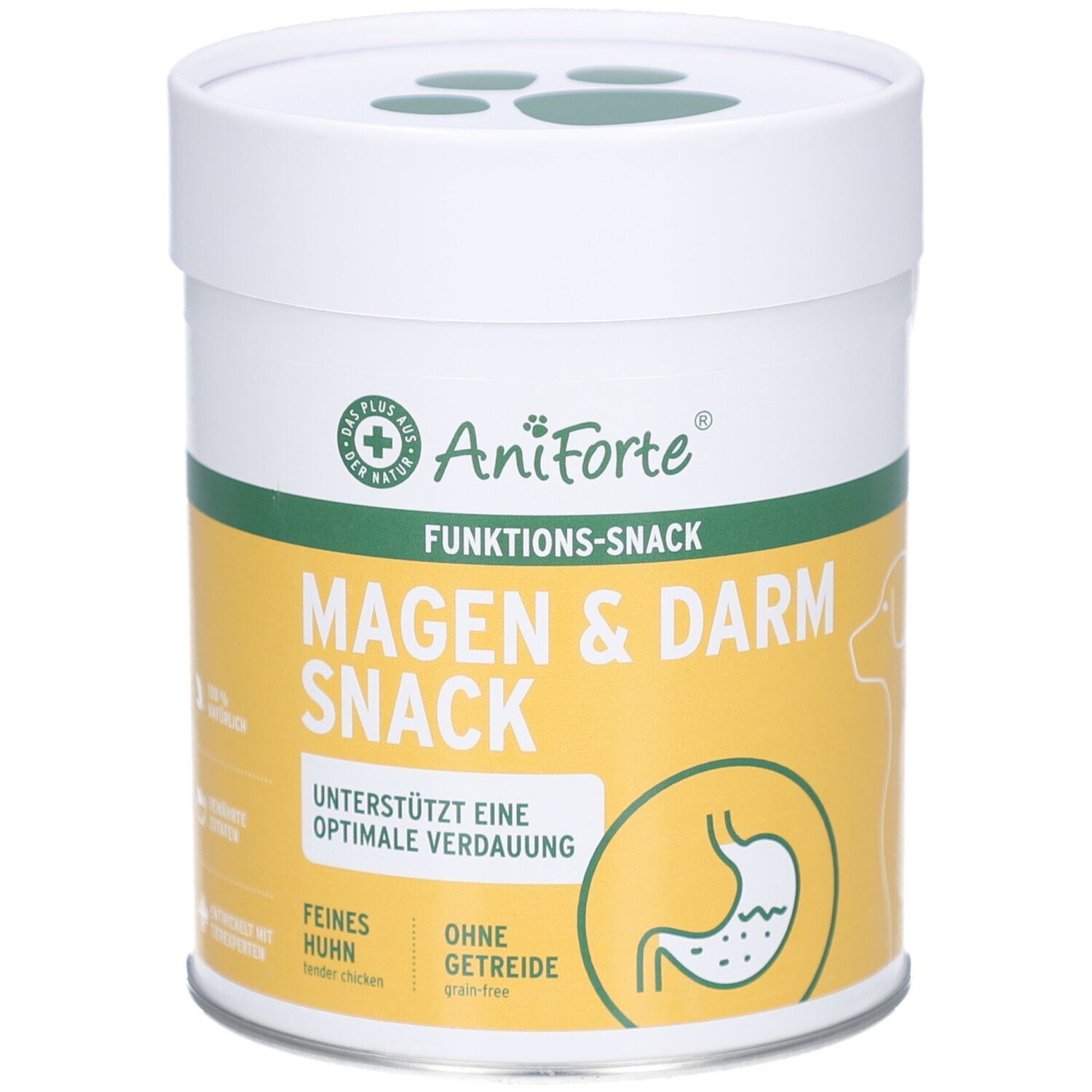 Zylinderförmige Dose mit gelbem Etikett. Aufschrift: AniForte, Magen & Darm Snack, unterstützt optimale Verdauung. Abbildung eines Magens.