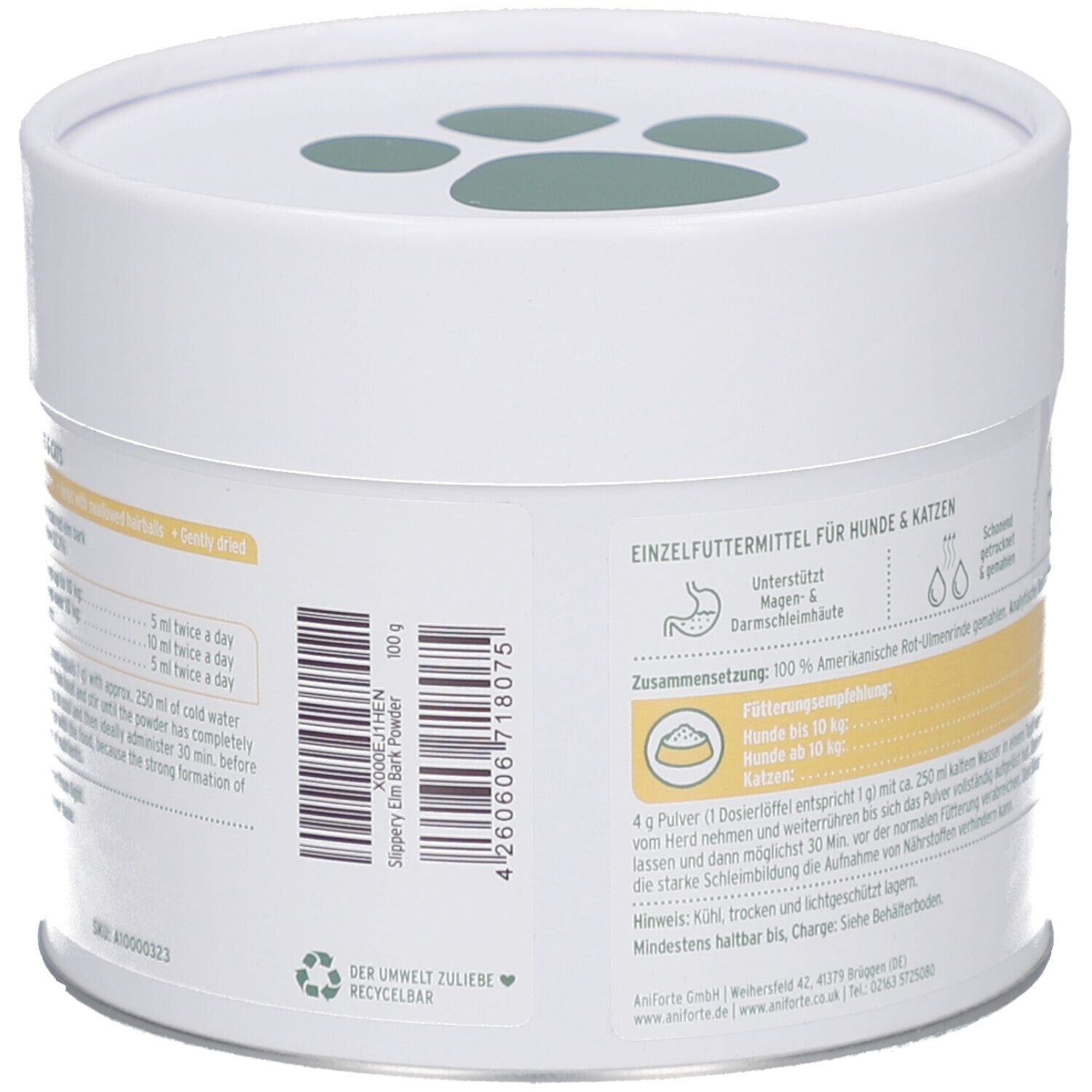 Dose mit Text und Informationen. Enthält Angaben zur Fütterung und Inhaltsstoffe. Mit Barcode.
