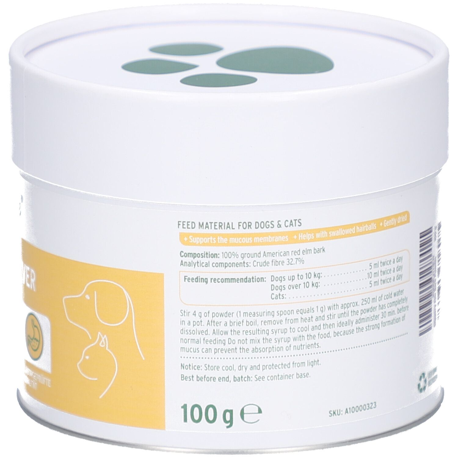 Rückseite der Dose mit Text und Informationen. Enthält Angaben zur Fütterung und Inhaltsstoffe. 100g.