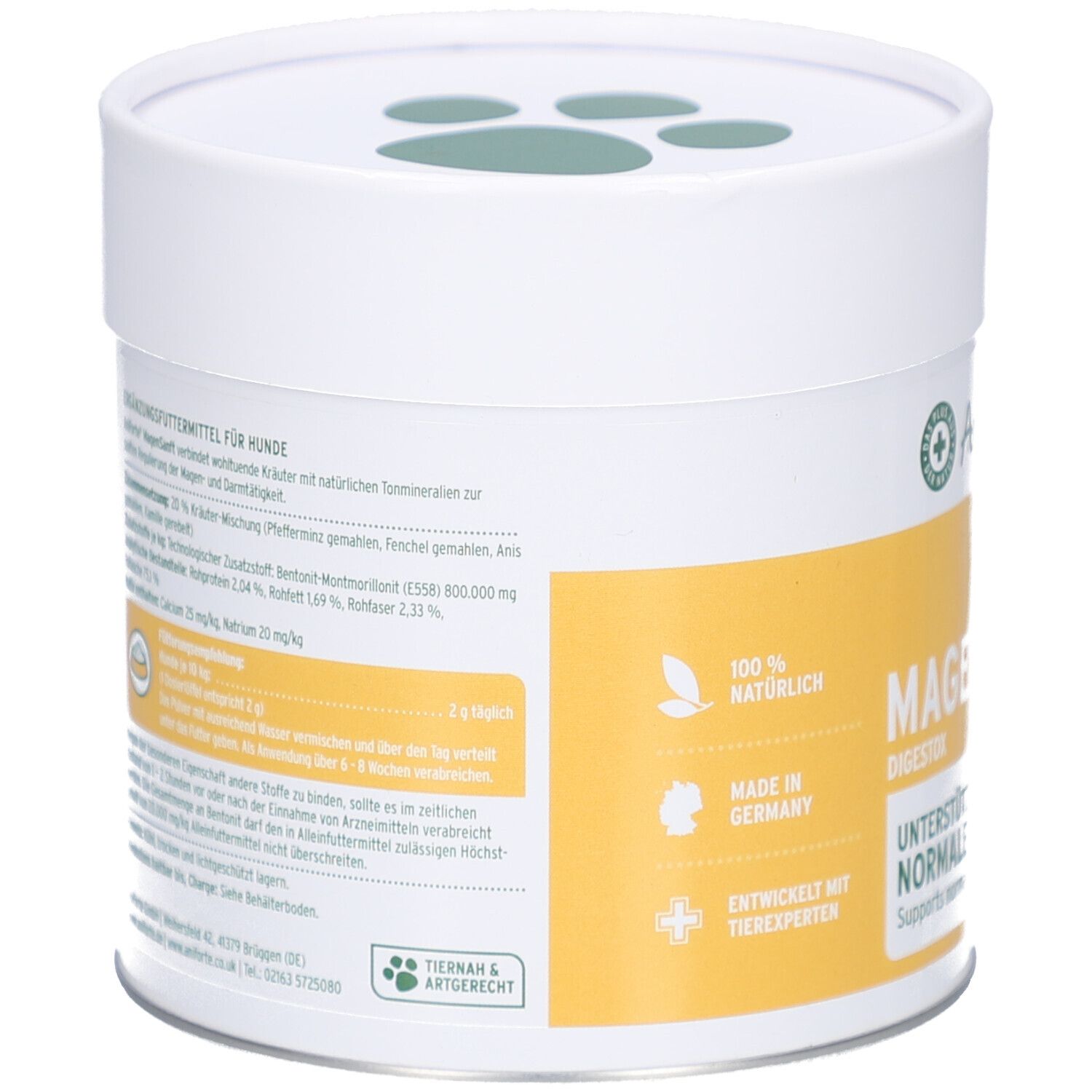 Rückseite der Dose. Gelber Bereich mit Text und Inhaltsangaben. Aufschrift: 100% natürlich, Made in Germany, entwickelt mit Tierexperten.