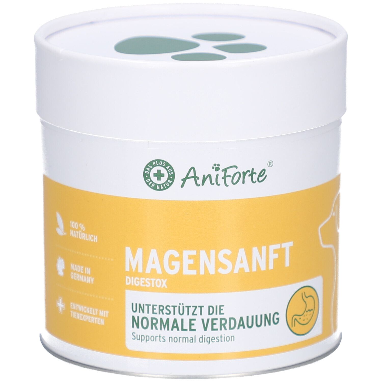 Weiß-gelbe Dose mit Deckel. Aufschrift: AniForte, MAGENSANFT DIGESTOX, unterstützt die normale Verdauung. Hundesilhouette.