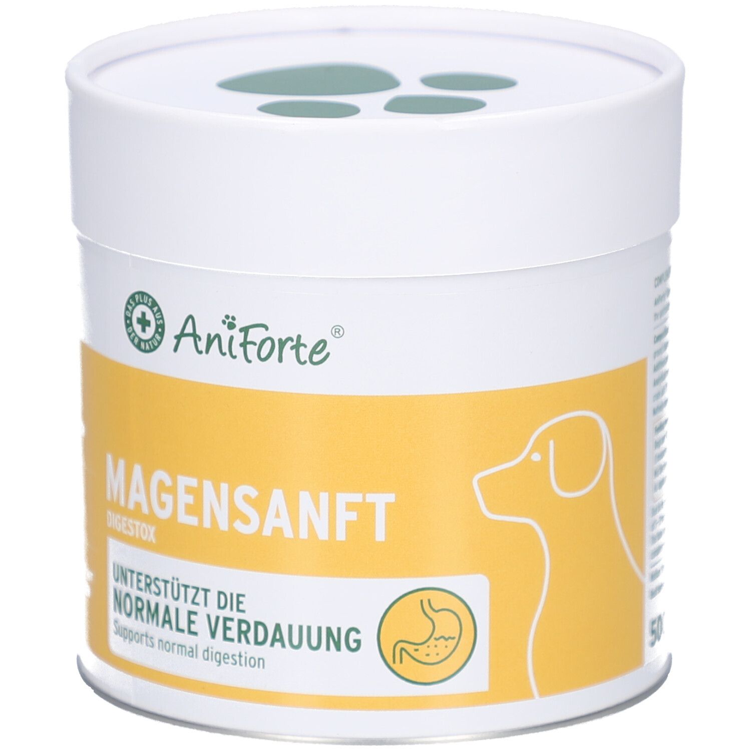 Weiß-gelbe Dose mit Deckel. Aufschrift: AniForte, MAGENSANFT DIGESTOX, unterstützt die normale Verdauung. Hundesilhouette.