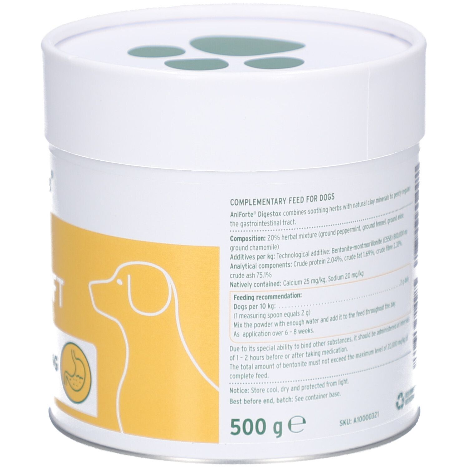 Rückseite der Dose. Text mit Inhaltsangaben und Fütterungsempfehlung. Aufschrift: AniForte MagenSanft Digestox. 500 g.