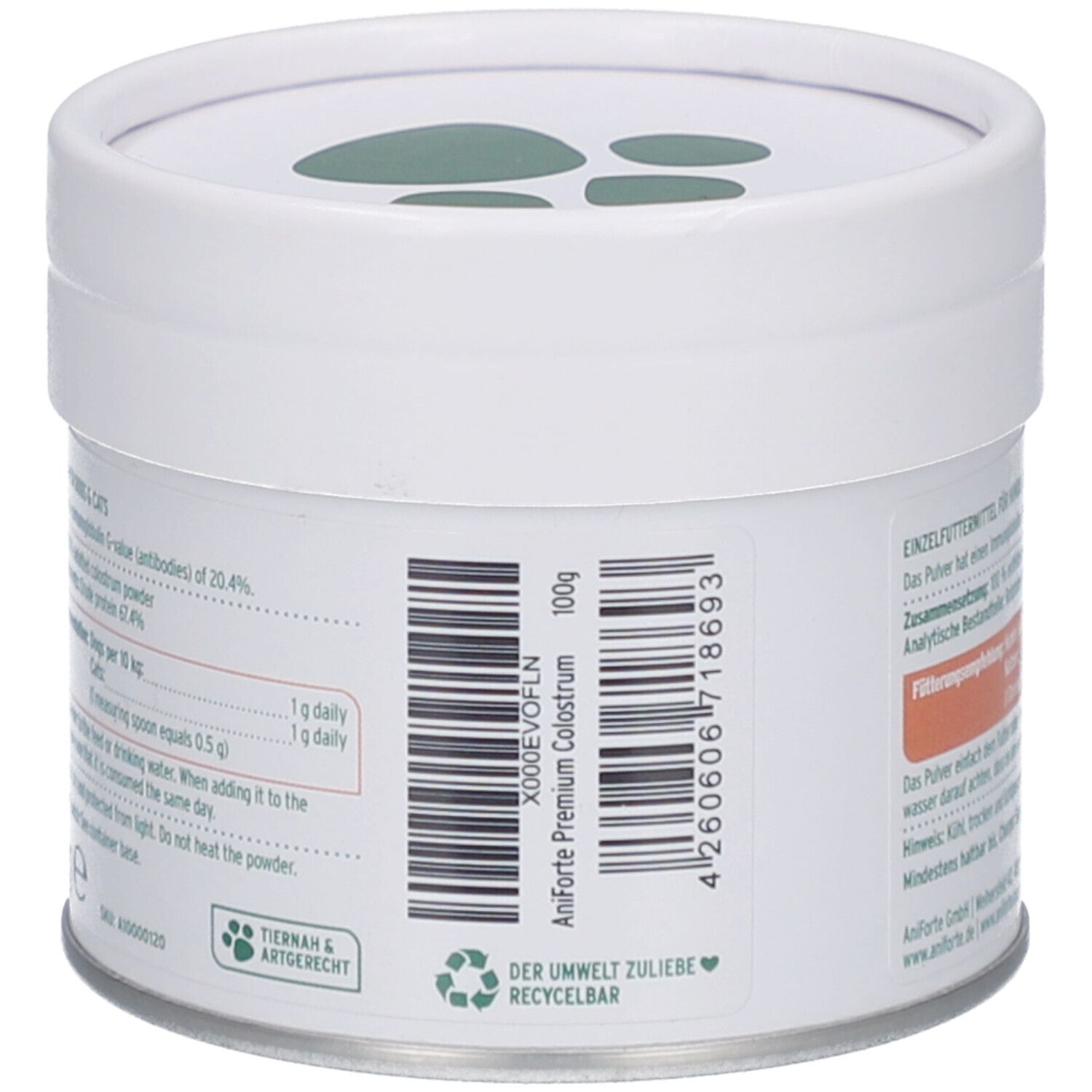 Weiße Dose, Rückseite mit Barcode und Text. 100g. Umweltzeichen. Tiergerecht.