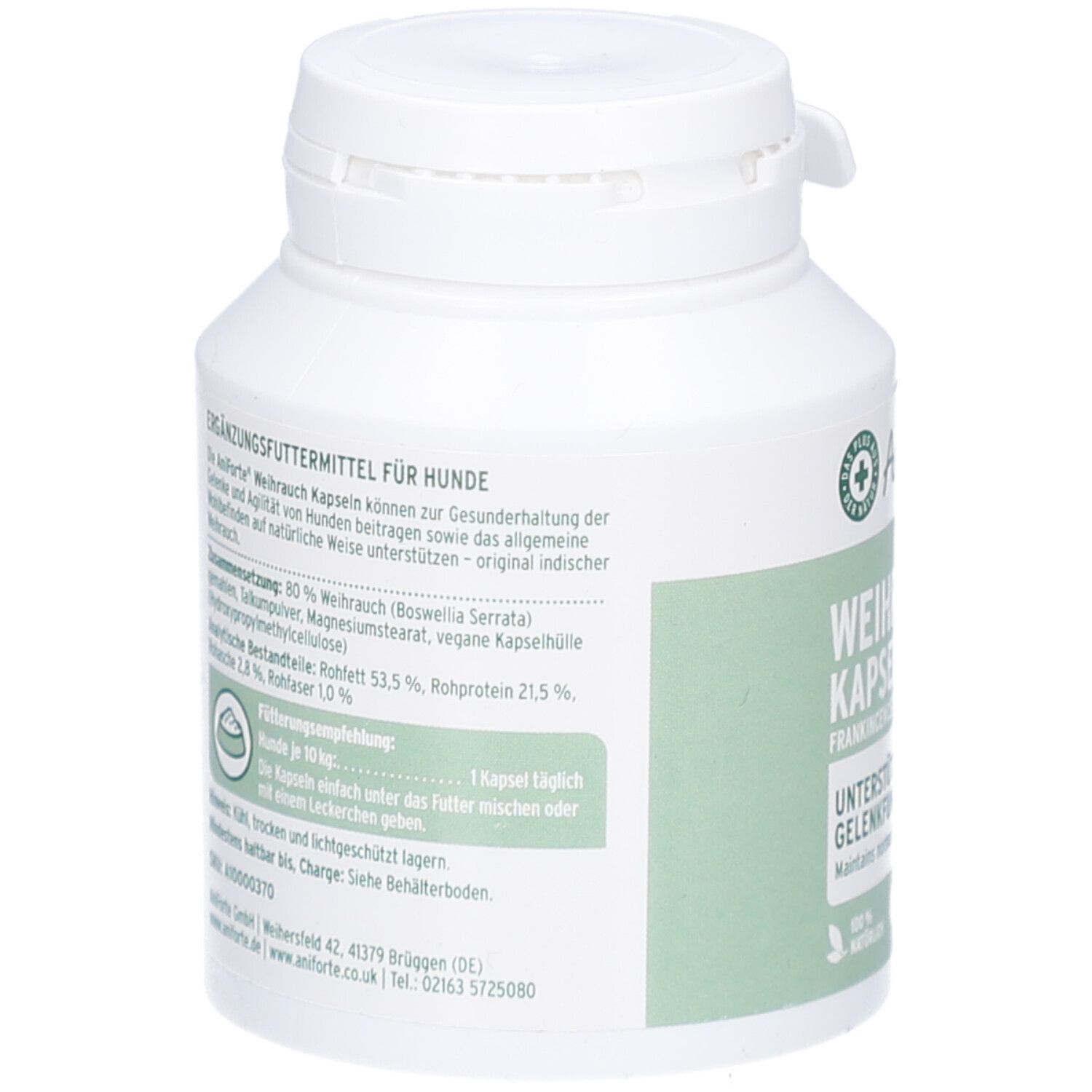 Weiße Flasche, Rückseite mit Text. Enthält Informationen zu Inhaltsstoffen, Fütterungsempfehlung und Hersteller. Grünes Logo.