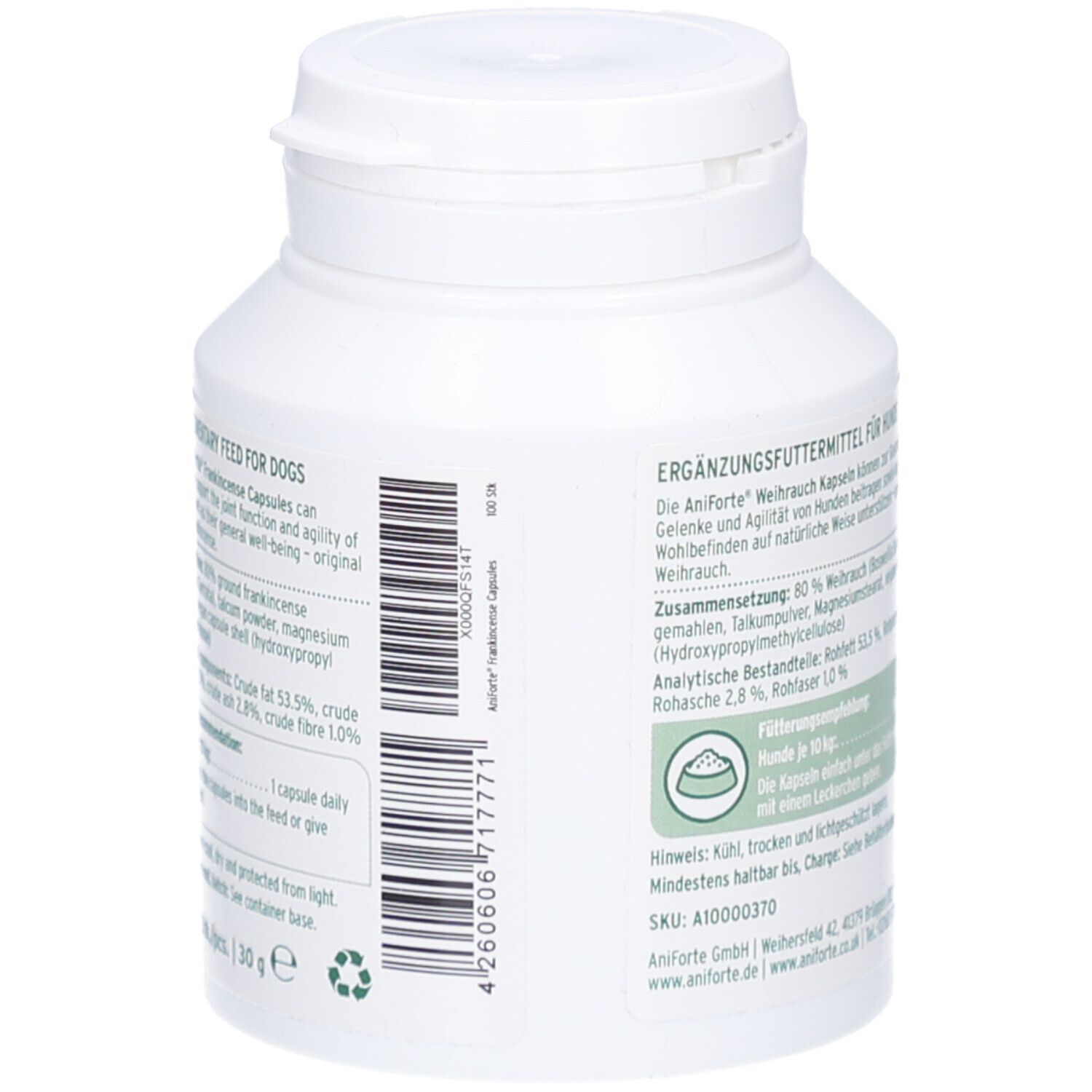 Weiße Flasche, Rückseite mit Text und Barcode. Enthält Informationen zu Inhaltsstoffen und Fütterungsempfehlung. Grünes Logo.