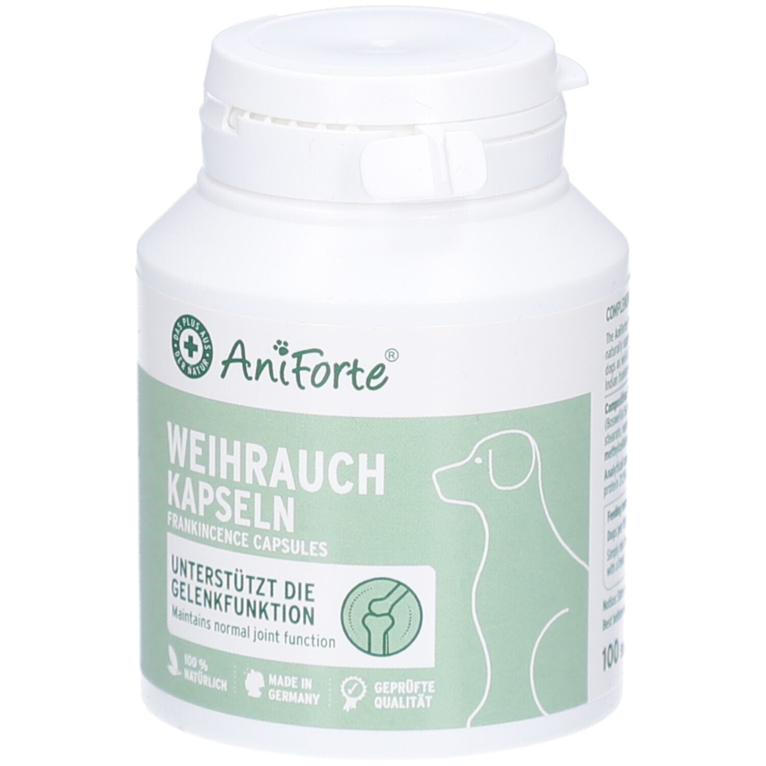 Weiße Flasche mit grünem Etikett. Aufschrift: AniForte, Weihrauch Kapseln, unterstützt die Gelenkfunktion. Mit Hund-Silhouette und 100 Kapseln.