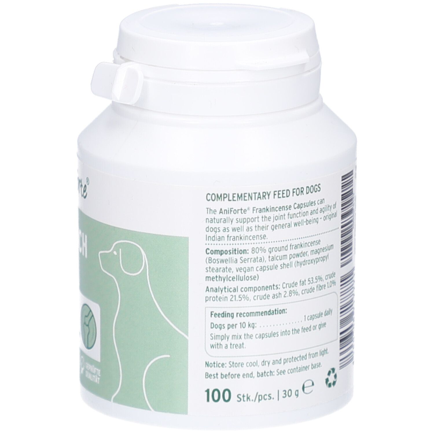 Weiße Flasche, Rückseite mit Text. Enthält Informationen zu Inhaltsstoffen, Fütterungsempfehlung und Hersteller. 100 Stück/30 g.