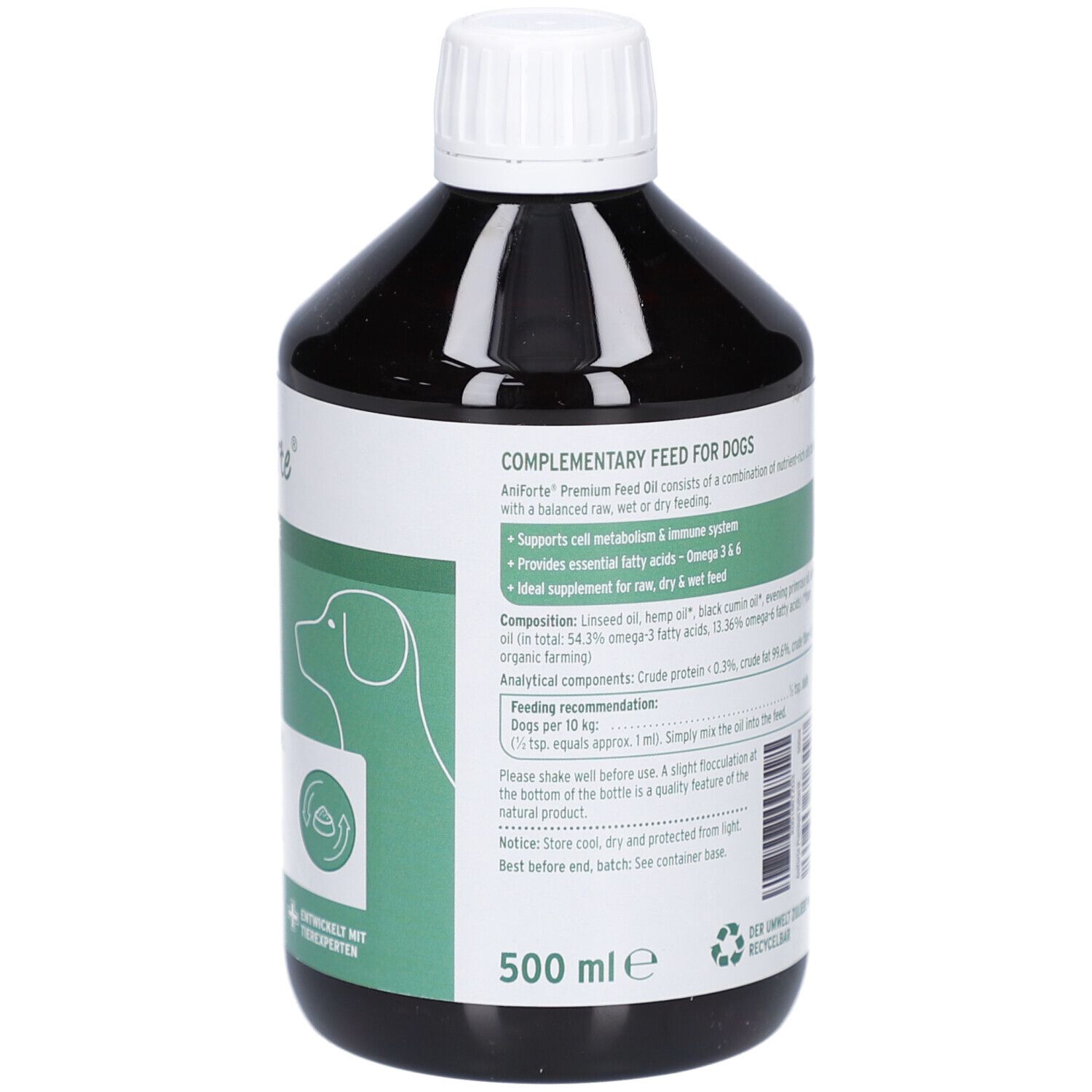 Braune Flasche mit weißem Deckel. Aufschrift: AniForte, Premium Futteröl, unterstützt Immunsystem, Fell & Haut. 500 ml.