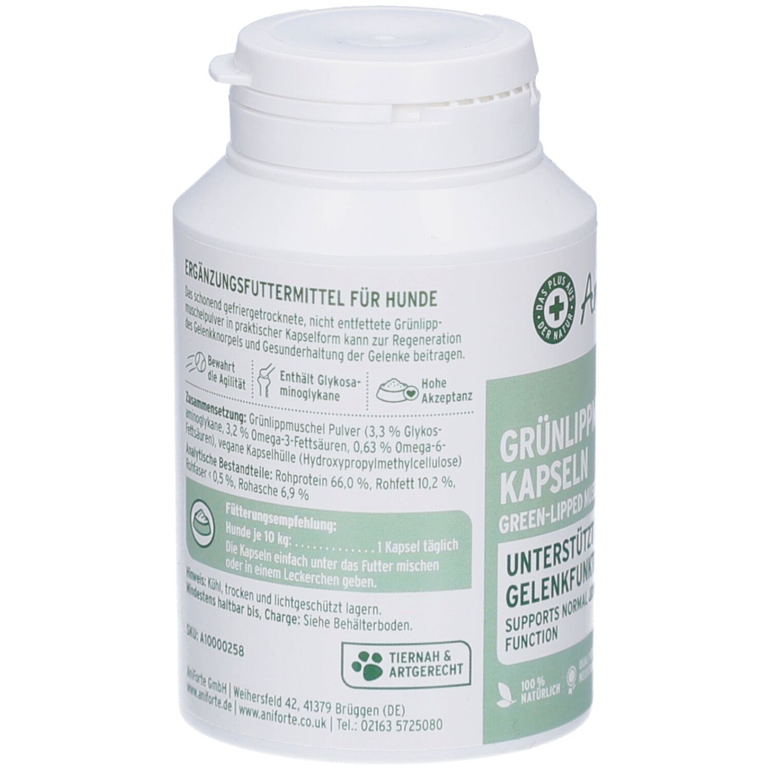 Rückseite der weißen Flasche. Ergänzungsfuttermittel für Hunde. Inhaltsstoffe und Fütterungsempfehlung.