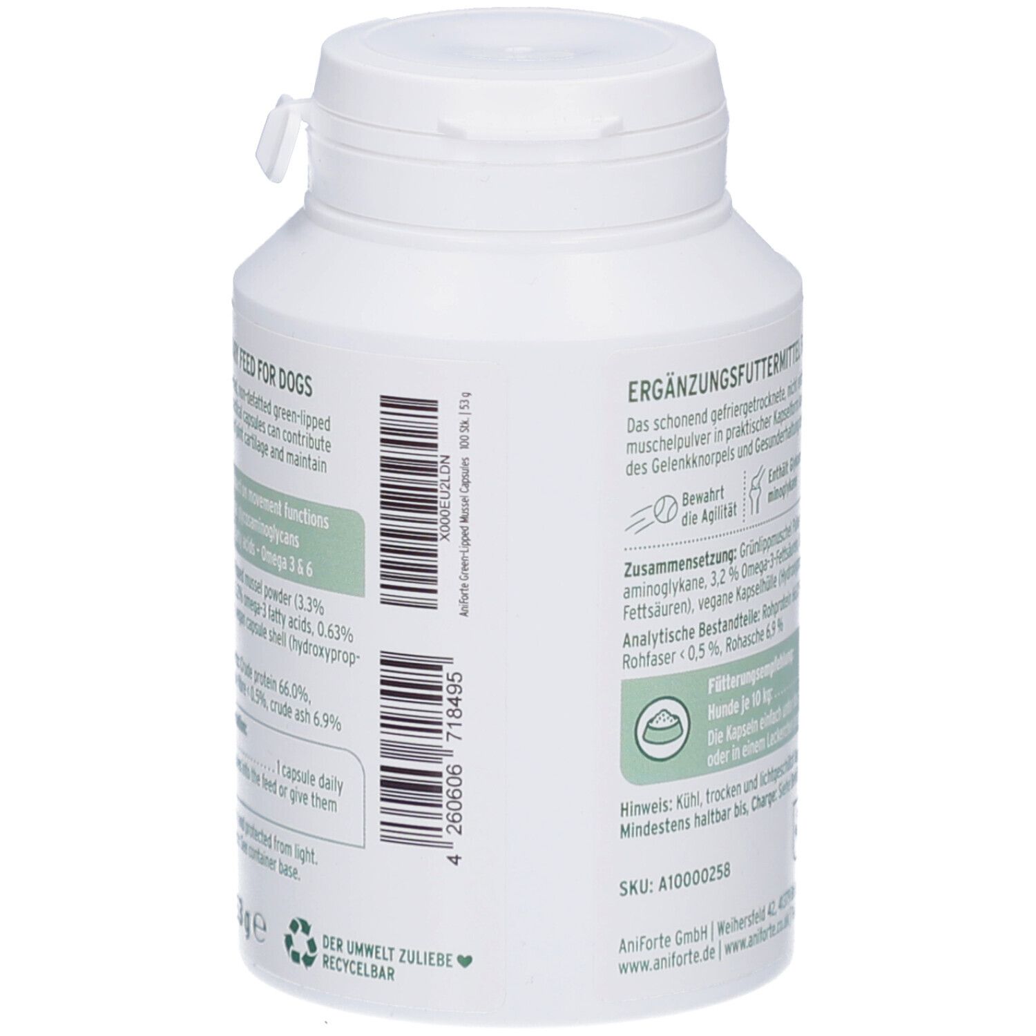 Rückseite der weißen Flasche. Ergänzungsfuttermittel für Hunde. Inhaltsstoffe und Fütterungsempfehlung.