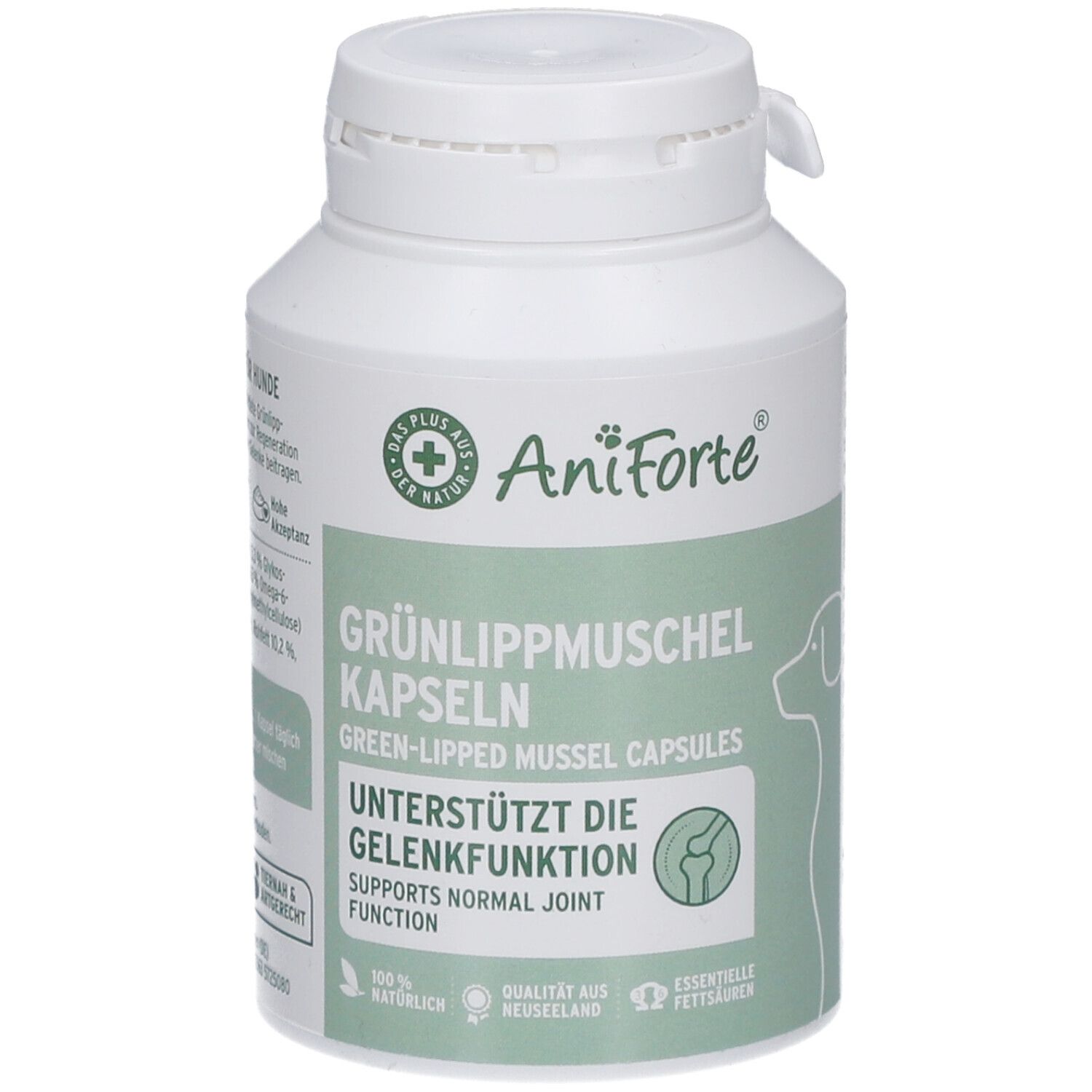 Weiße Flasche mit AniForte-Etikett. Grünlippmuschel Kapseln. Unterstützt Gelenkfunktion. Hund-Silhouette.