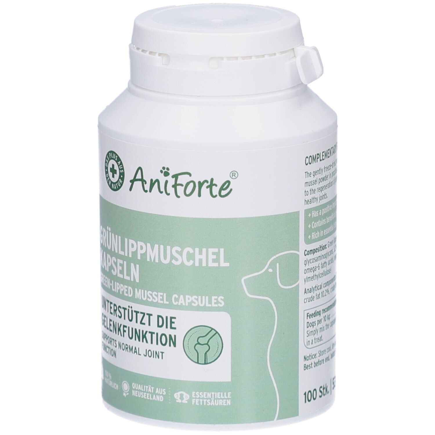 Weiße Flasche mit AniForte-Etikett. Grünlippmuschel Kapseln. Unterstützt Gelenkfunktion. Hund-Silhouette. 100 Stk.