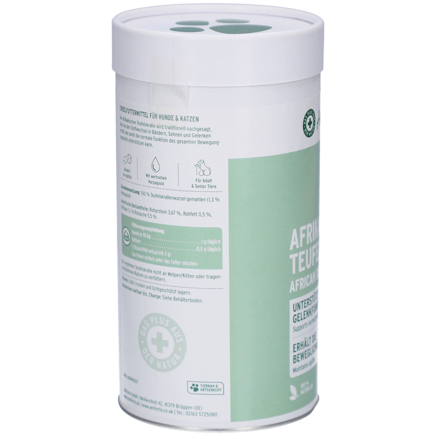 Rückseite der Dose mit Text und Inhaltsangaben. Grün-weiße Farbgebung. Logo von AniForte und Tierzeichen.