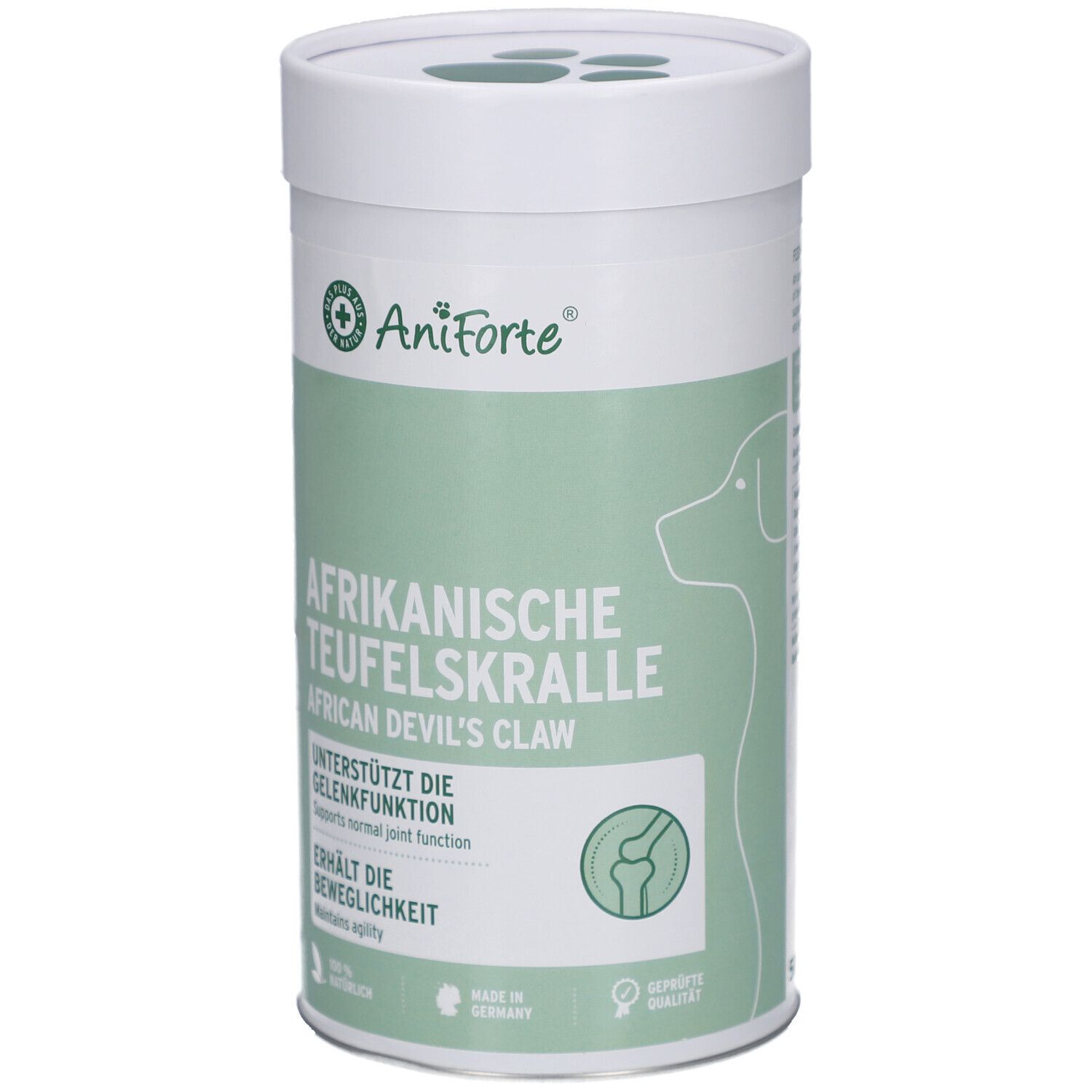 Zylindrische Dose mit AniForte-Logo und Aufschrift Afrikanische Teufelskralle. Grün-weiße Farbgebung. Hundesilhouette.