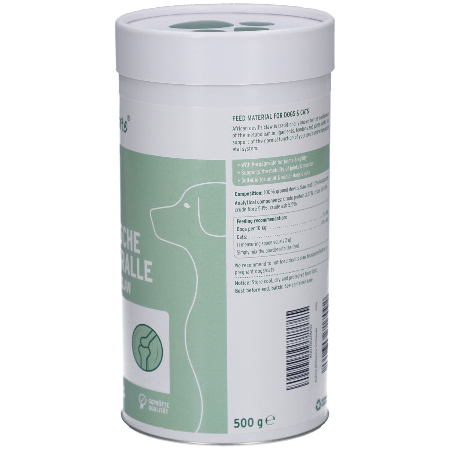 Zylindrische Dose mit Text und Inhaltsangaben. Grün-weiße Farbgebung. Hundesilhouette und Logo von AniForte.