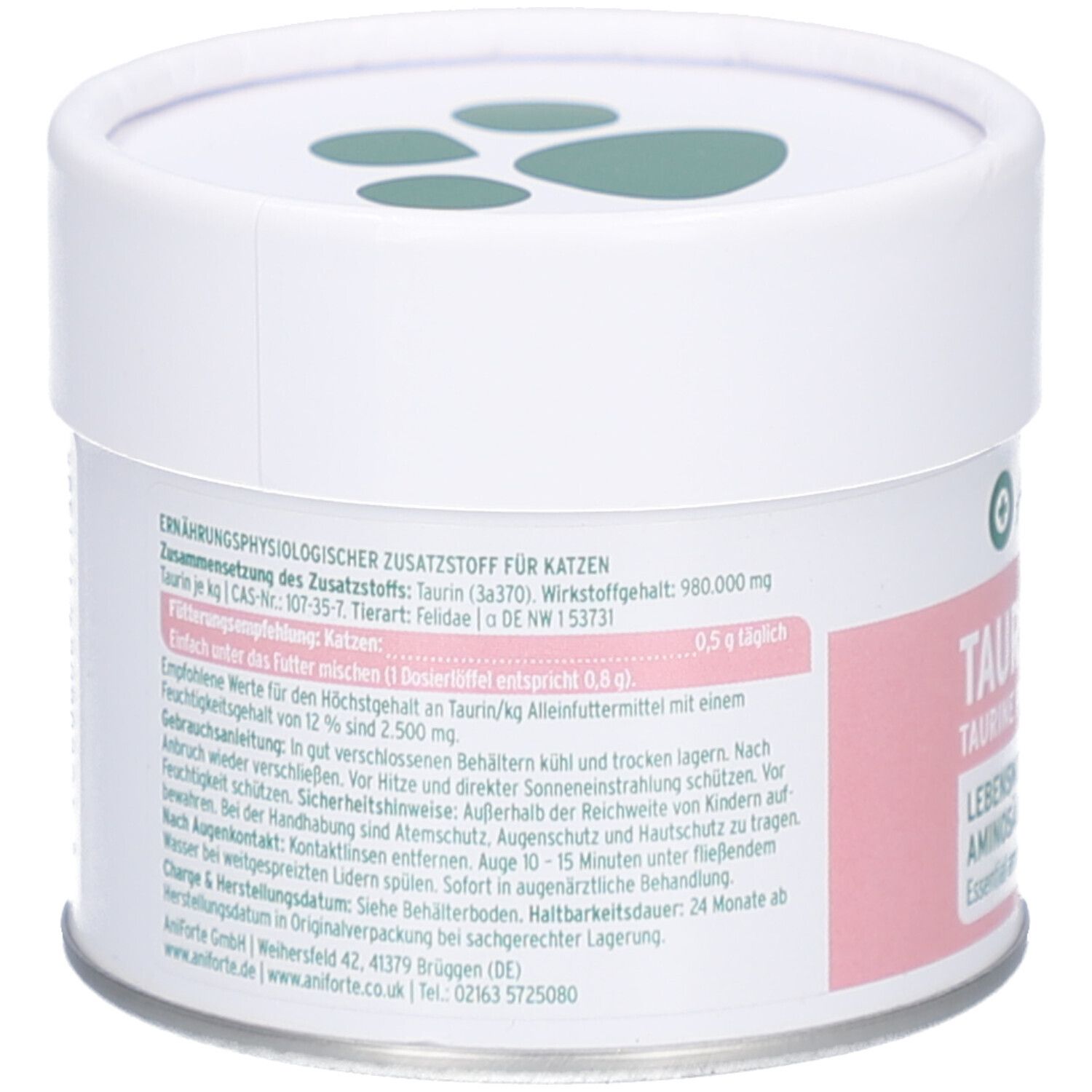 Rückseite der Dose mit Text. Enthält Informationen zu Inhaltsstoffen, Dosierung und Lagerung. Grün-weiße Pfoten-Abdrücke auf dem Deckel.