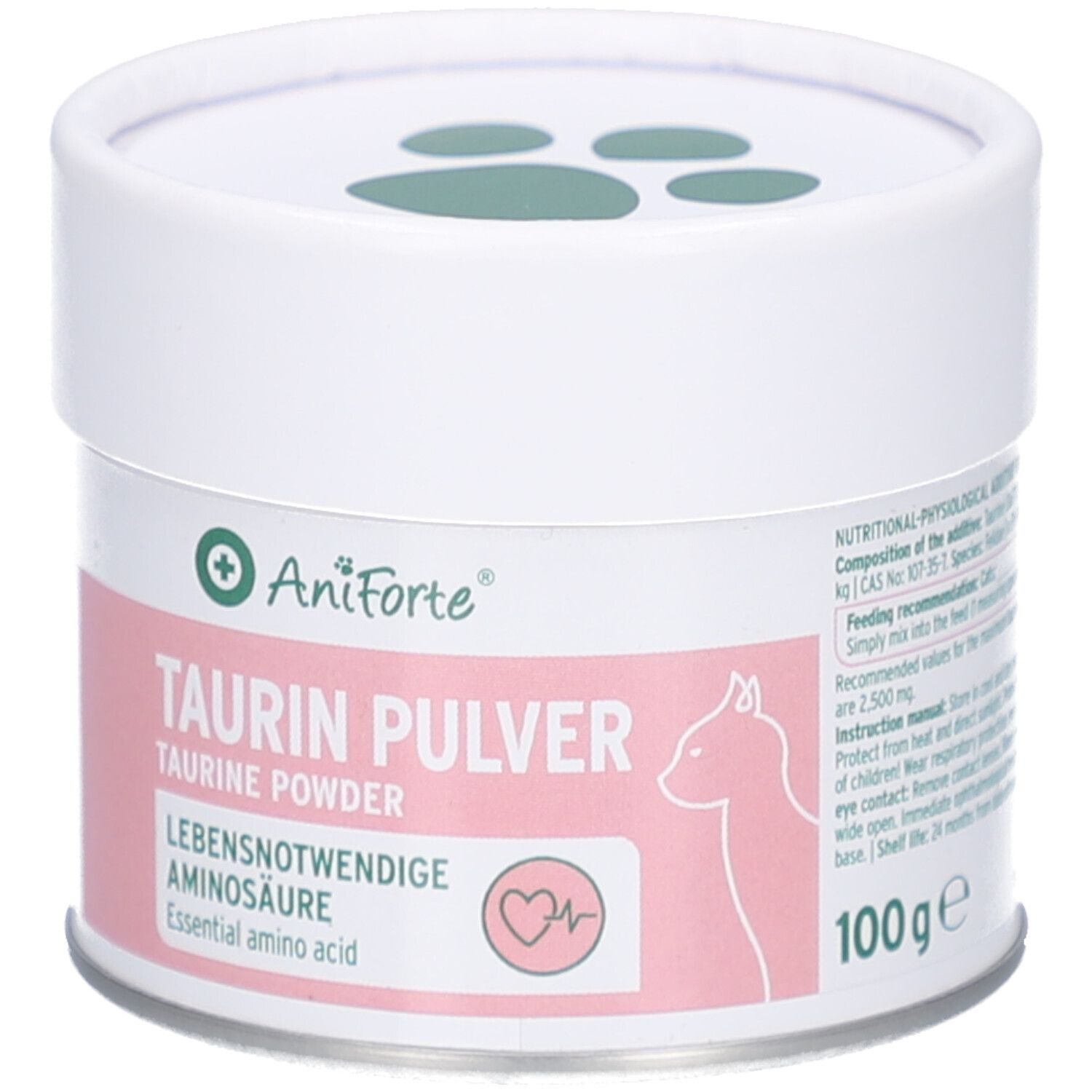 Weiß-rosa Dose mit AniForte Taurin Pulver. Aufschrift: Taurin Pulver, essentielle Aminosäure für Katzen. 100g. Grün-weiße Pfoten-Abdrücke auf dem Deckel.