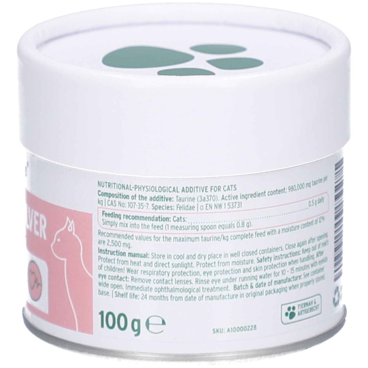 Rückseite der Dose mit Text. Enthält Informationen zu Inhaltsstoffen, Dosierung und Lagerung. 100g. Grün-weiße Pfoten-Abdrücke auf dem Deckel.