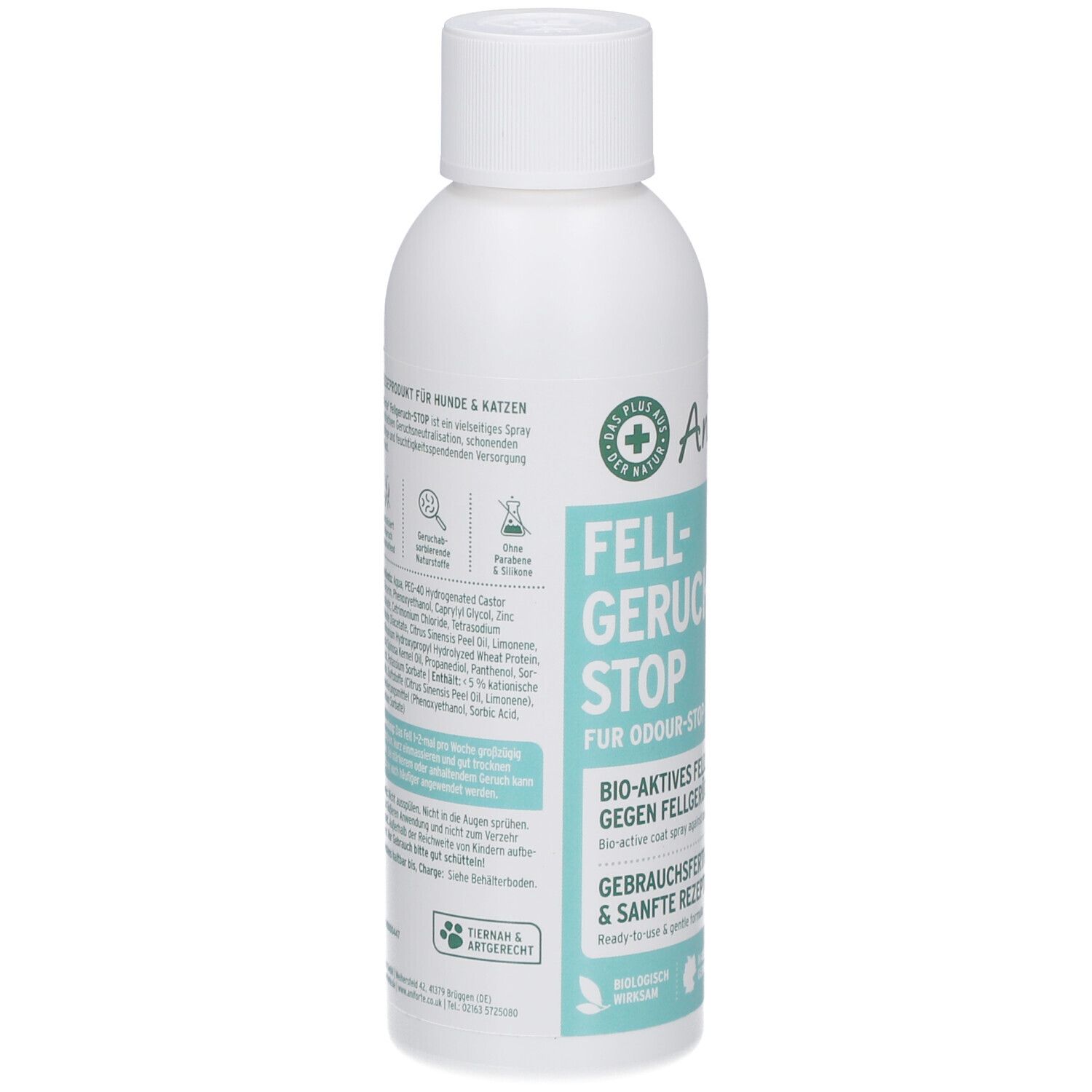 Weiße Flasche mit Text. Aufschrift: AniForte, Fellgeruch-STOP. Bio-aktives Fellspray gegen Fellgerüche. Für Hunde & Katzen.