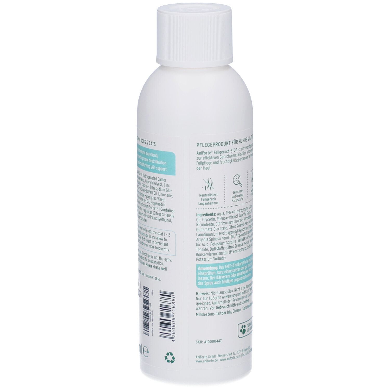 Weiße Flasche mit Text. Aufschrift: AniForte, Fellgeruch-STOP. Pflegeprodukt für Hunde & Katzen. Inhaltsstoffe.