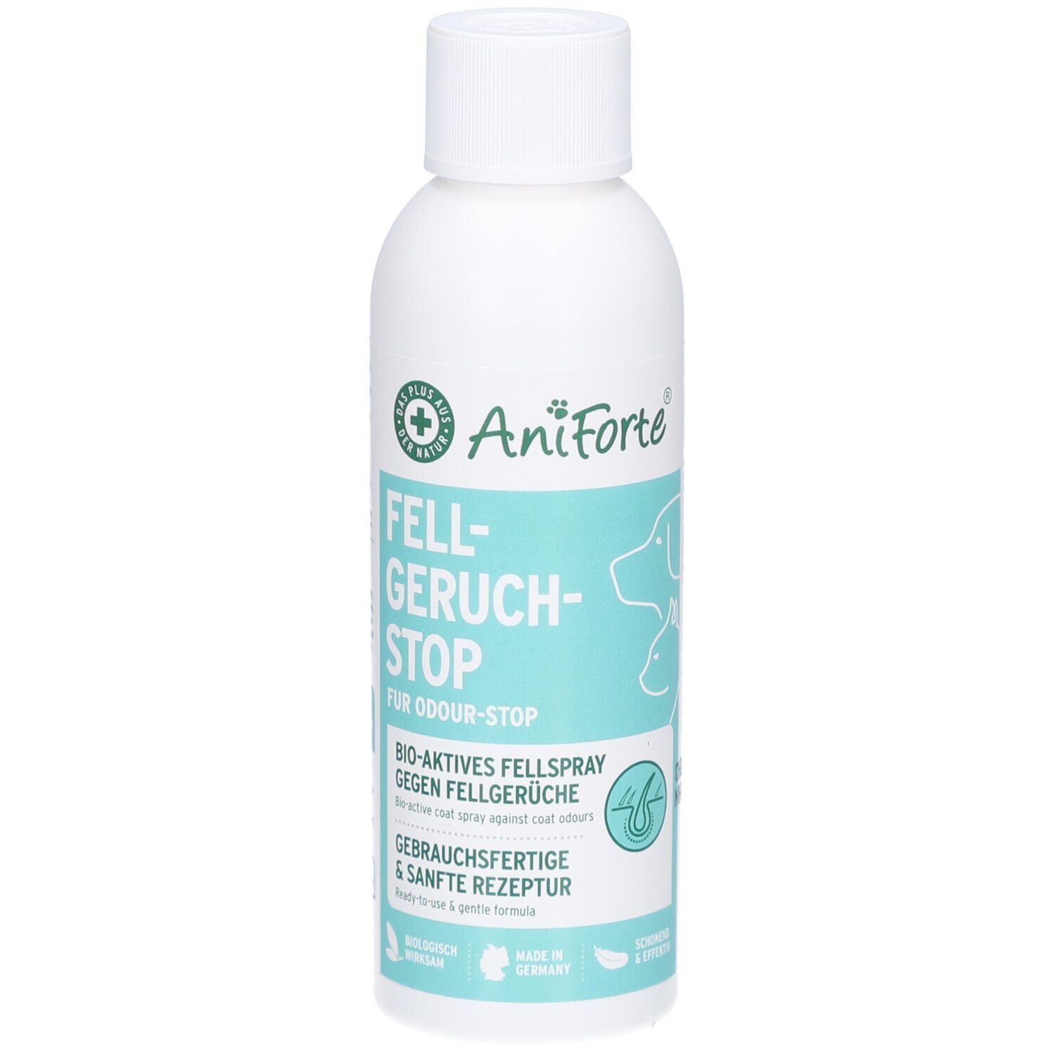 Weiße Flasche mit Text. Aufschrift: AniForte, Fellgeruch-STOP. Bio-aktives Fellspray gegen Fellgerüche. Made in Germany.