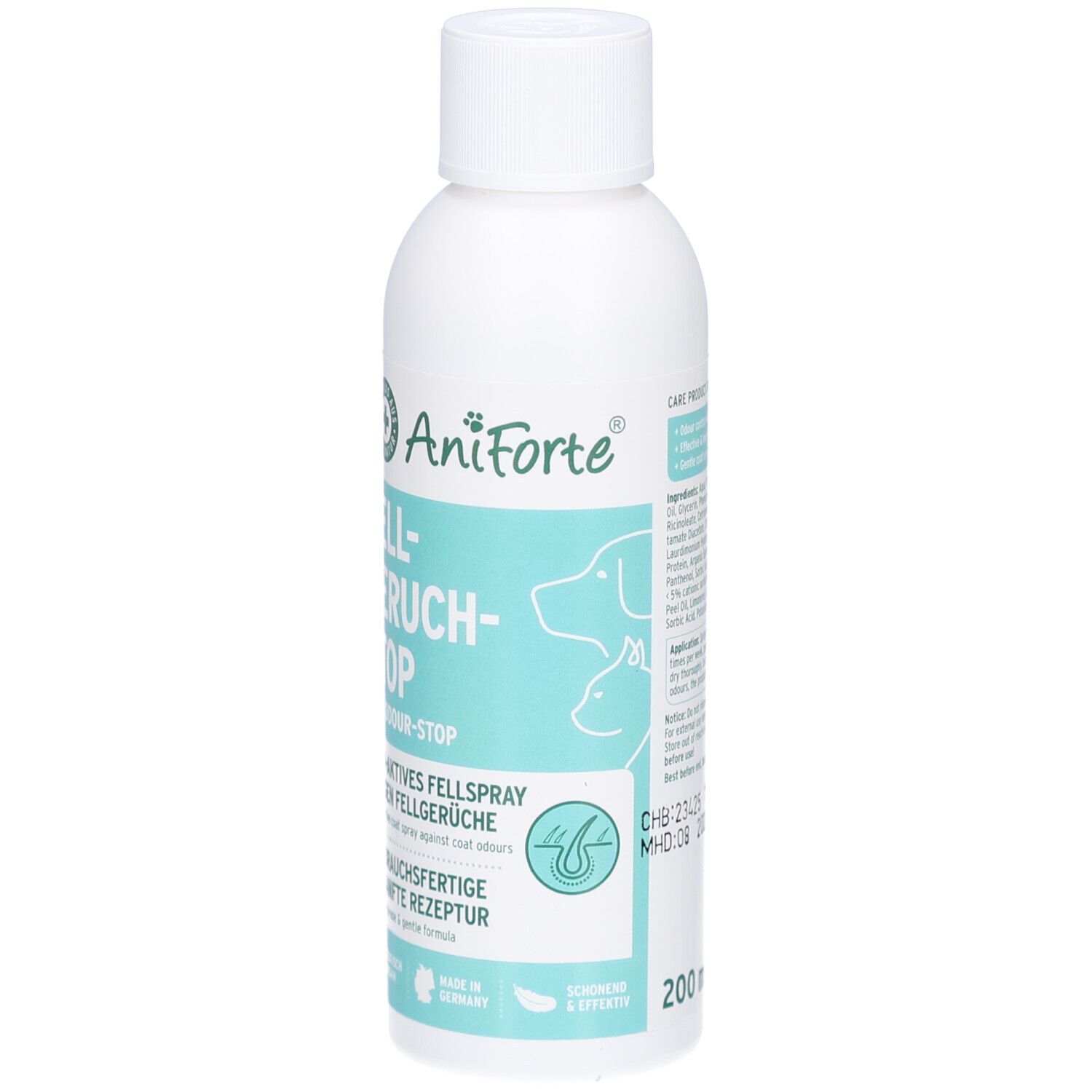 Weiße Flasche mit Text. Aufschrift: AniForte, Fellgeruch-STOP. Bio-aktives Fellspray gegen Fellgerüche. 200 ml.