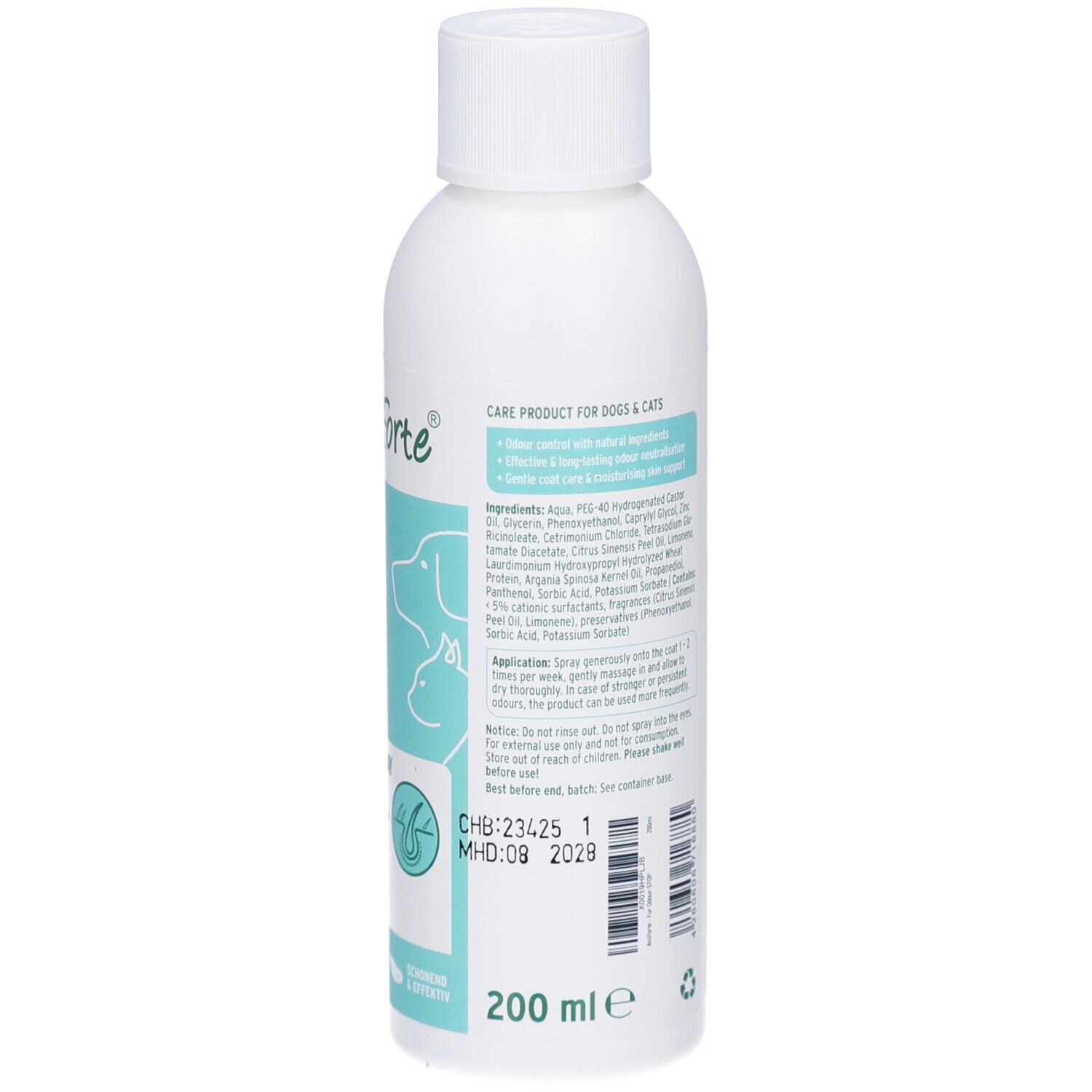 Weiße Flasche mit Text. Aufschrift: AniForte, Fellgeruch-STOP. Pflegeprodukt für Hunde & Katzen. 200 ml. MHD 09 2028.