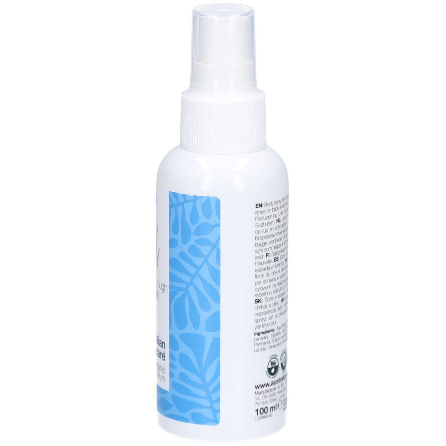 Rückseite der weißen Sprühflasche. Text und QR-Code. Informationen zu Inhaltsstoffen und Hersteller. 100 ml.