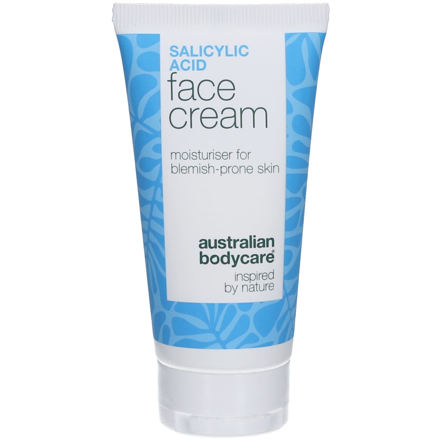 Tube Gesichtscreme mit blauem Muster. Aufschrift: Salicylsäure Face Cream. Feuchtigkeitspflege für unreine Haut. Marke: Australian Bodycare.
