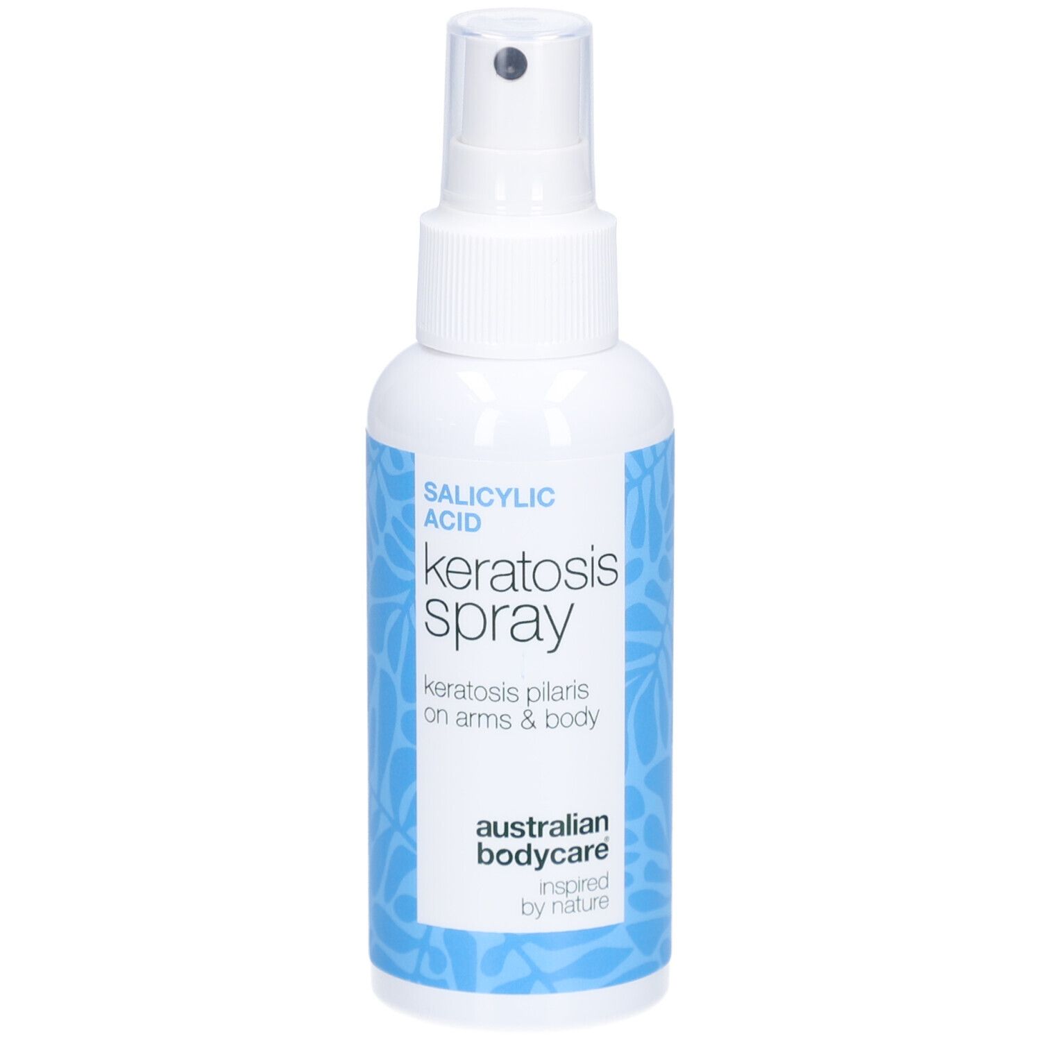 Weiße Sprühflasche. Text: Salicylsäure, Keratosis Spray, Keratosis Pilaris. Marke: Australian Bodycare.