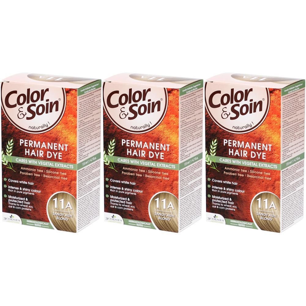 Trois boîtes de teinture capillaire permanente Color & Soin 11A Blond Sable.