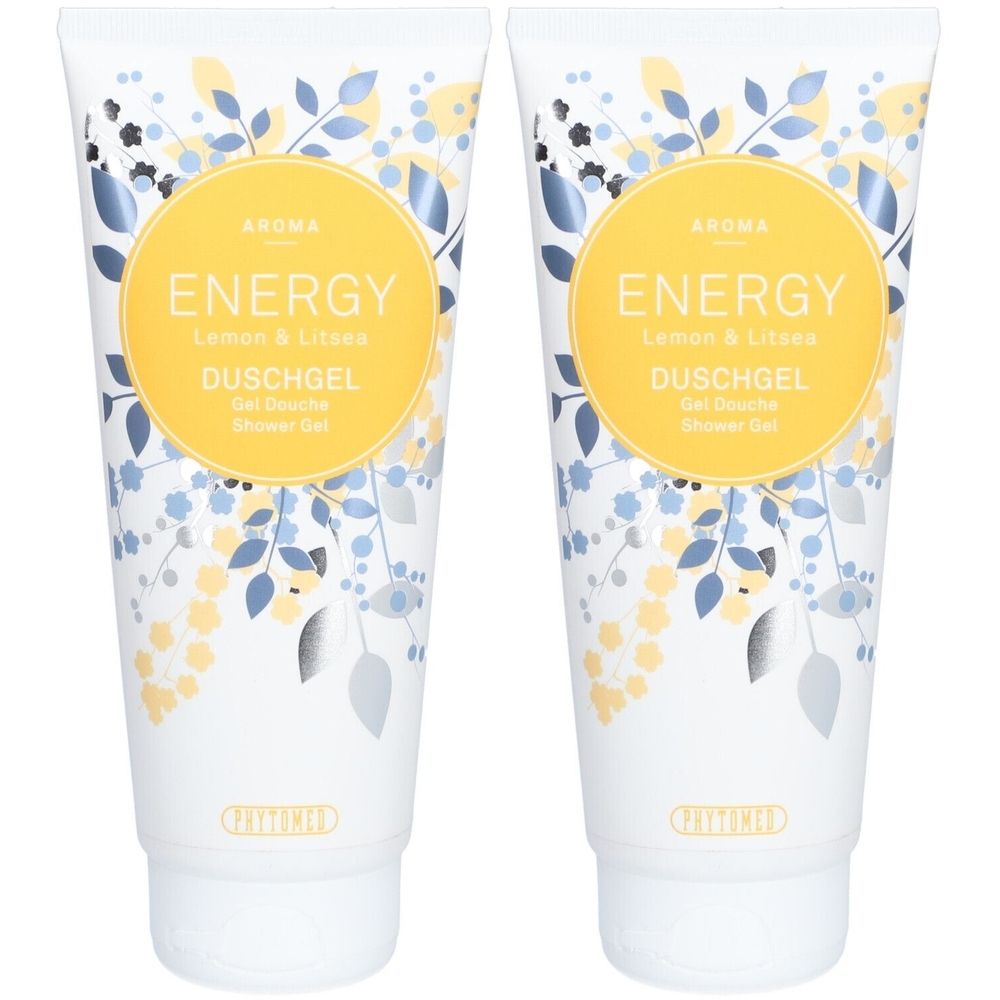 Zwei Tuben Duschgel. Weiße Verpackung mit gelbem Kreis und floralem Muster. Aufschrift: ENERGY, DUSCHGEL.