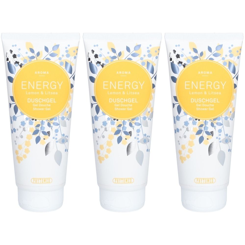 Drei Tuben Duschgel. Weiß, mit gelben Kreisen und floralen Mustern. Text: ENERGY, Lemon & Citron, Duschgel, Shower Gel.