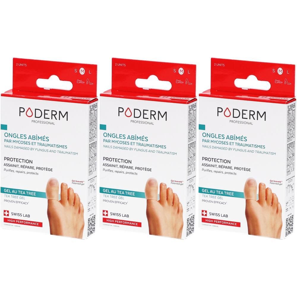Drie dozen Poderm nagelbescherming met tea tree gel. Voor beschadigde nagels.
