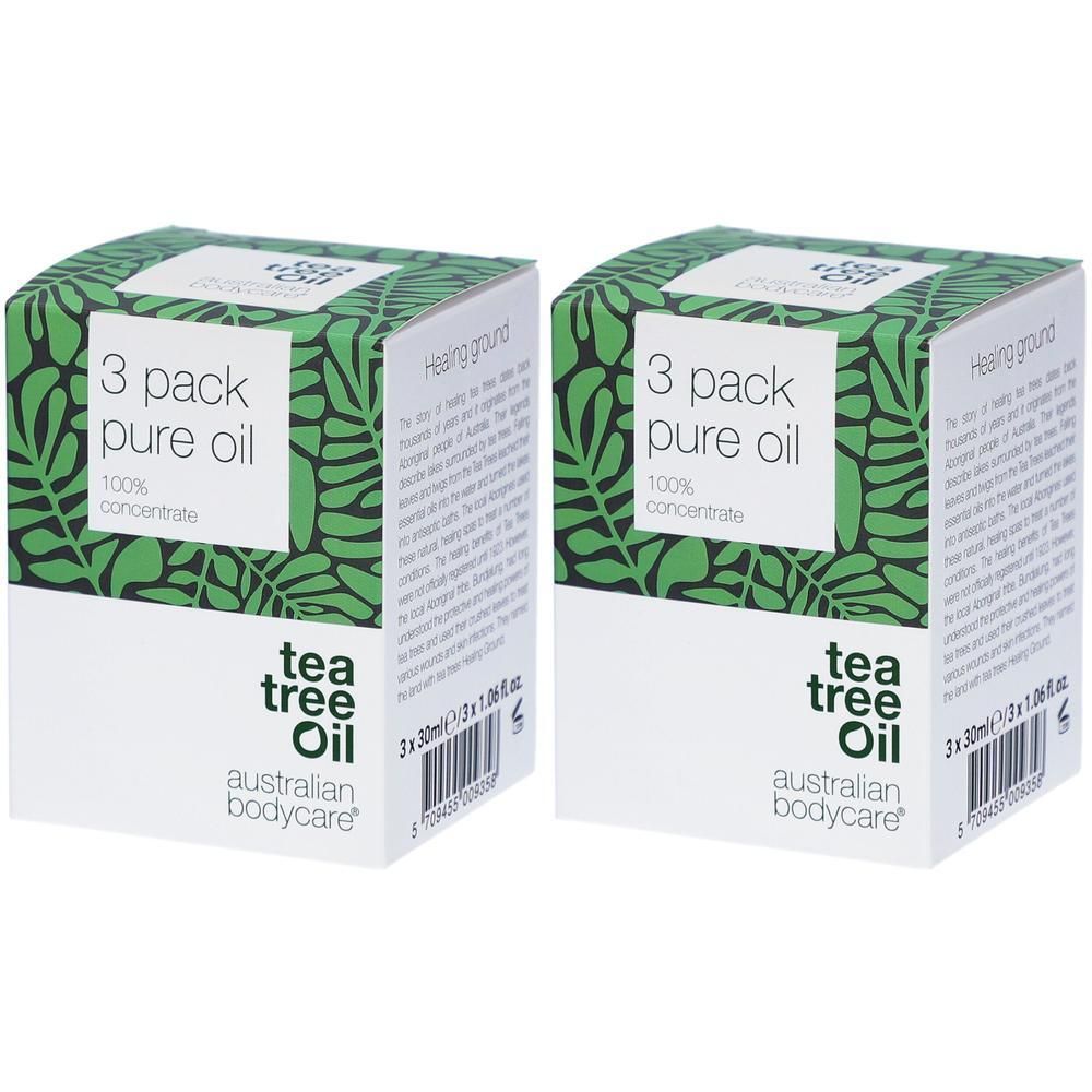 Deux boîtes carrées avec motif de feuilles vertes. Inscription : "3 pack pure oil 100% concentrate". Marque : Australian Bodycare.