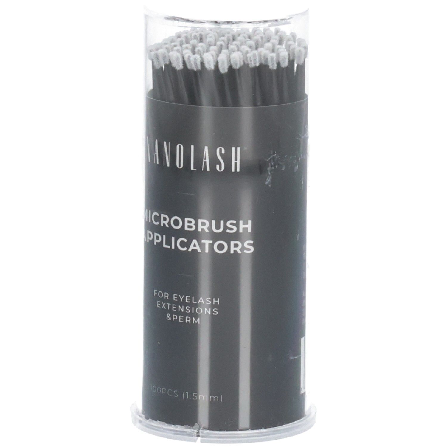 Nanolash Microbrush Applikatoren in einem transparenten Behälter. Graue Stiele mit weißen Spitzen.
