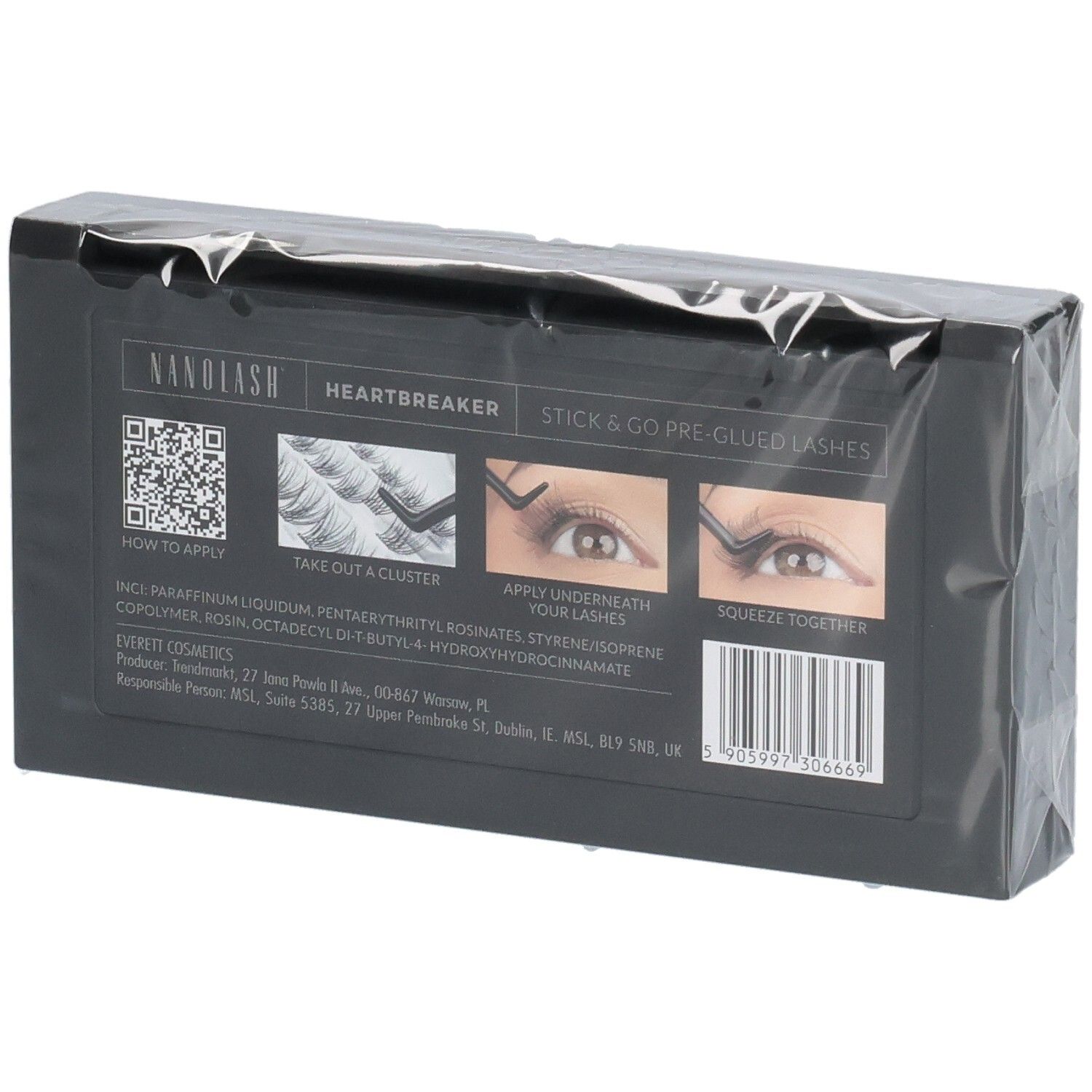 Nanolash Heartbreaker Stick & Go Pre-Glued Lashes Verpackung mit Anwendungshinweisen.